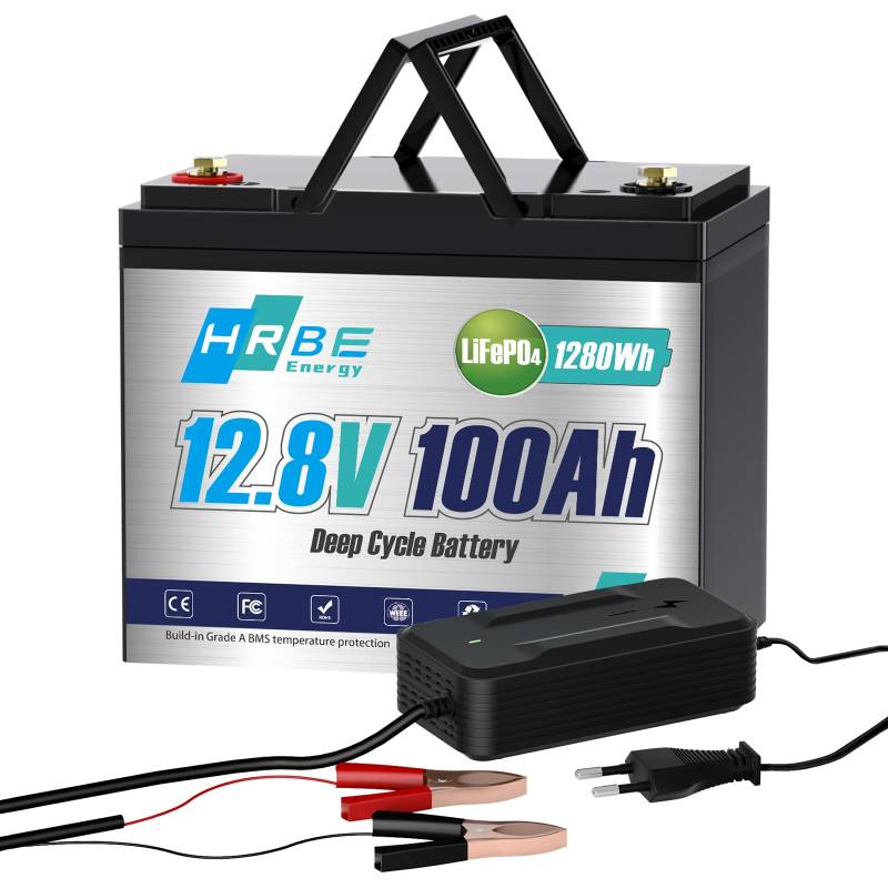 HRBEENERGY LiFepo4 Akku 12V 100AH, wiederaufladbar, mit 100 A BMS-Schutz und 4000-15000 Zyklen, perfekt für Wohnmobile, Solaranlagen, Boote von HRBEENERGY