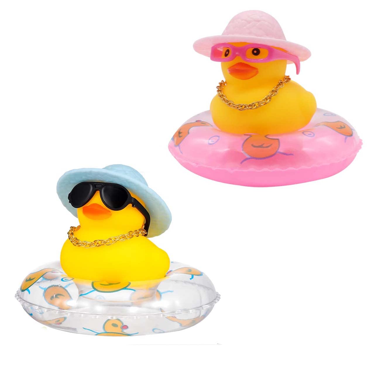 HREDZEO Ente Auto Armaturenbrett Dekorationen,2 PCS Mini Dekor Gummi Schwimmen Ente mit Sonnenbrille Goldene Halskette Strohhut Gelbe Ente für Auto Büro Schlafzimmer Ornamente von HREDZEO