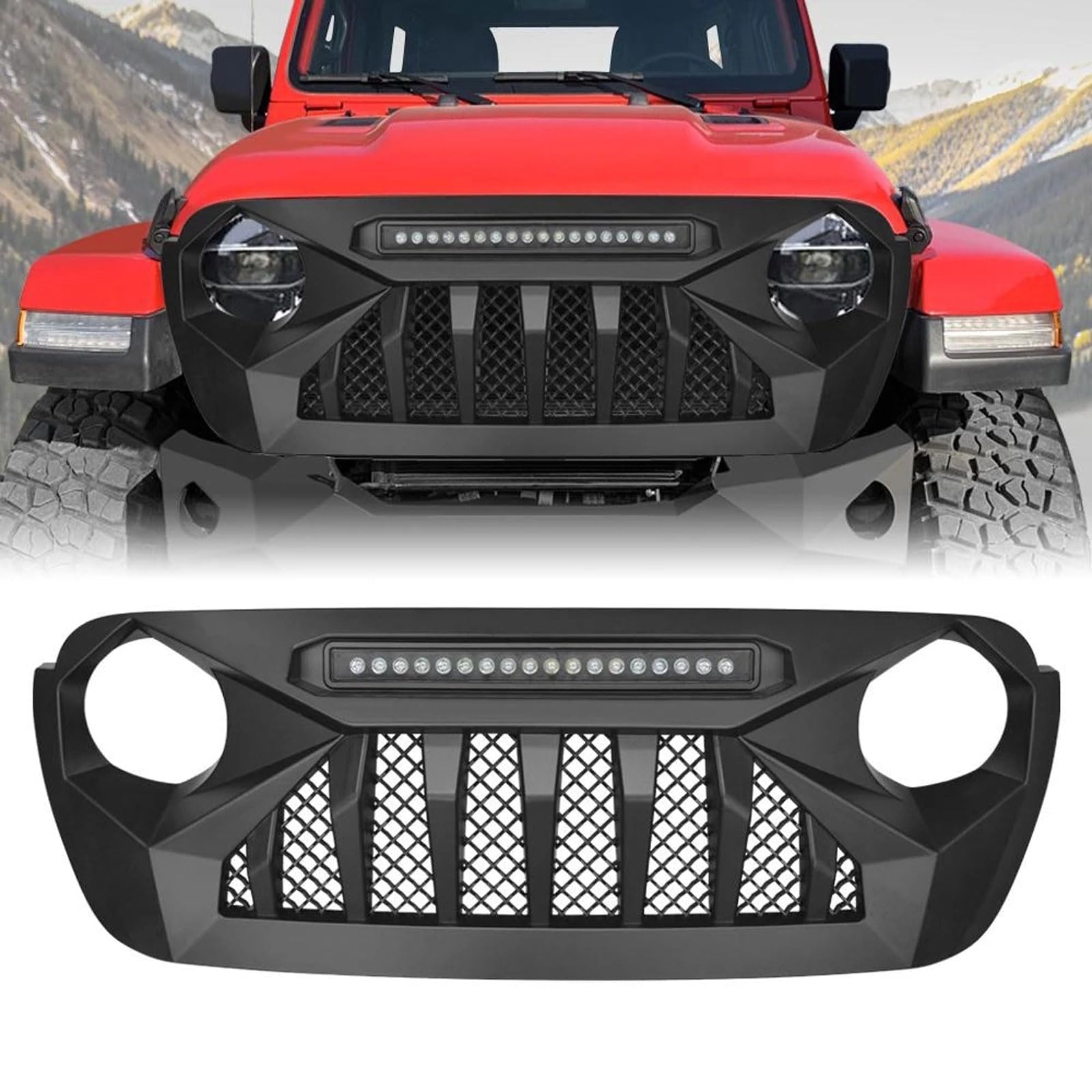 Kühlergrill für Jeep Wrangler 2018 2019 2020 2021 2022 2023 2024 Verschleißfest Wetterfest und Langlebig Sport Stil Autoersatzteile Dauerhaft Grill von HRPOEW