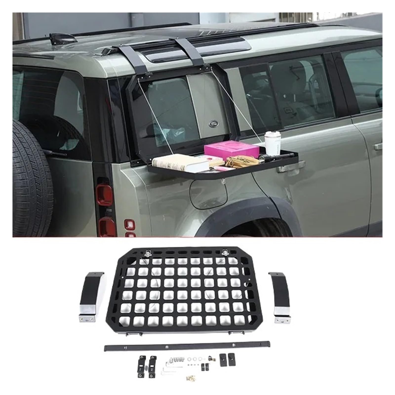 Kompatibel mit Land Rover Defender 90 110 2020–2024, Auto-Heckscheibenglas-Panzerungsregal, Lagerregale, faltbarer Rahmen, Auto-Außenzubehör(Gloss Black) von HRPPFGFWP