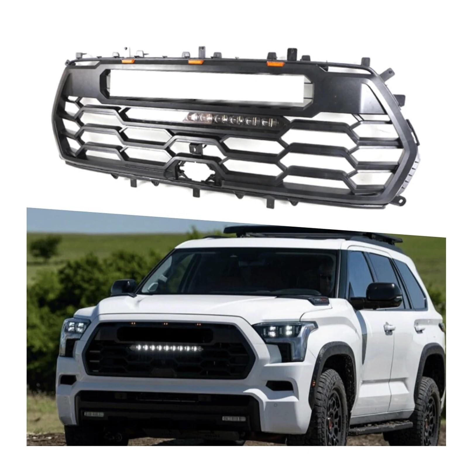 Frontgrill, Frontstoßstangengrill, Oberes Haubengitter, Kompatibel for Toyota Sequoia 2022 2023 2024, Kühlergrill mit LED-Licht von HTAQYU