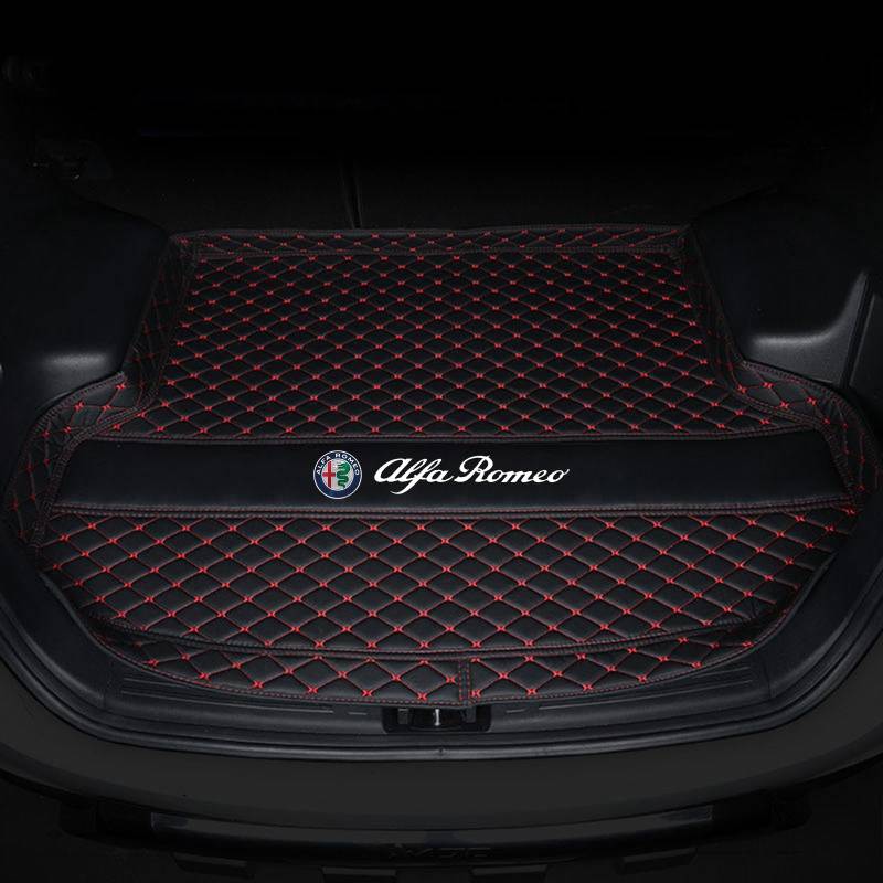 Auto Leder Kofferraummatten für Alfa Romeo Giulia 2017-2021, Kratzfest Kofferraum Schutzmatte, Langlebiges Wasserdicht Schmutzmatte Mat Autozubehör, Black Red von HTPNB