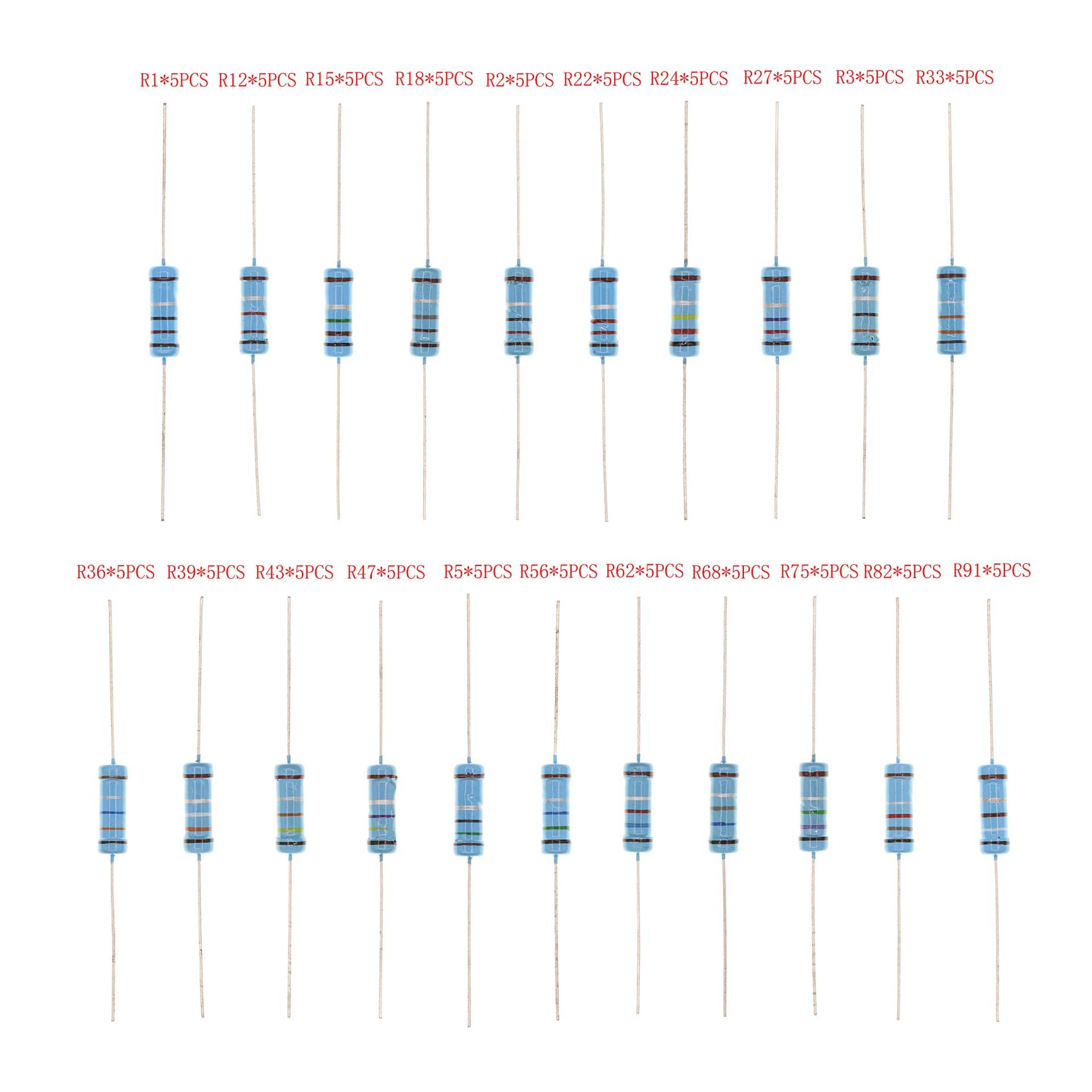 HUABAN 5PCS * 21 Spezies 3W 3 Watts 0.1 0.12 0.15 0.18 0.2 0.22 0.24 0.27 0.3 0.33 0.36 0.39 0.43 0.47 0.5 0.56 0.62 0.68 0.75 0.82 0.91 Ohm 1% Metallfilmwiderstand von HUABAN