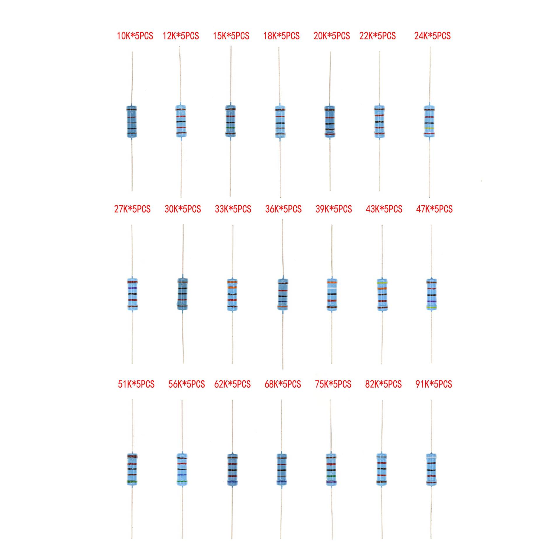 HUABAN 5PCS * 21 Spezies 3W 3 Watts 10K 12K 15K 18K 20K 22K 24K 27K 30K 33K 36K 39K 43K 47K 51K 56K 62K 68K 75K 82K 91K Ohm 1% Metallfilmwiderstand von HUABAN