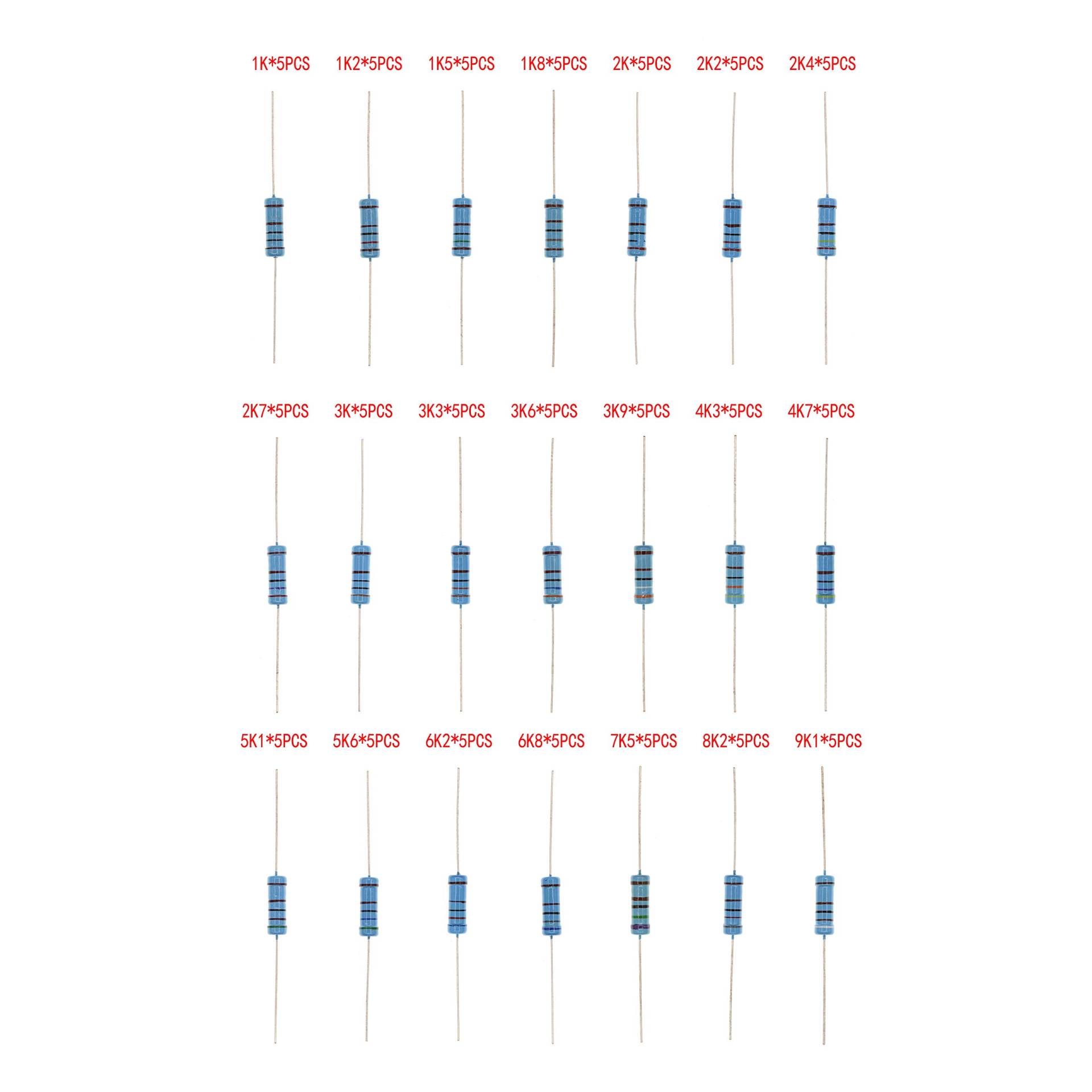 HUABAN 5PCS * 21 Spezies 3W 3 Watts 1K 1K2 1K5 1K8 2K 2K2 2K4 2K7 3K 3K3 3K6 3K9 4K3 4K7 5K1 5K6 6K2 6K8 7K5 8K2 9K1 Ohm 1% Metallfilmwiderstand von HUABAN