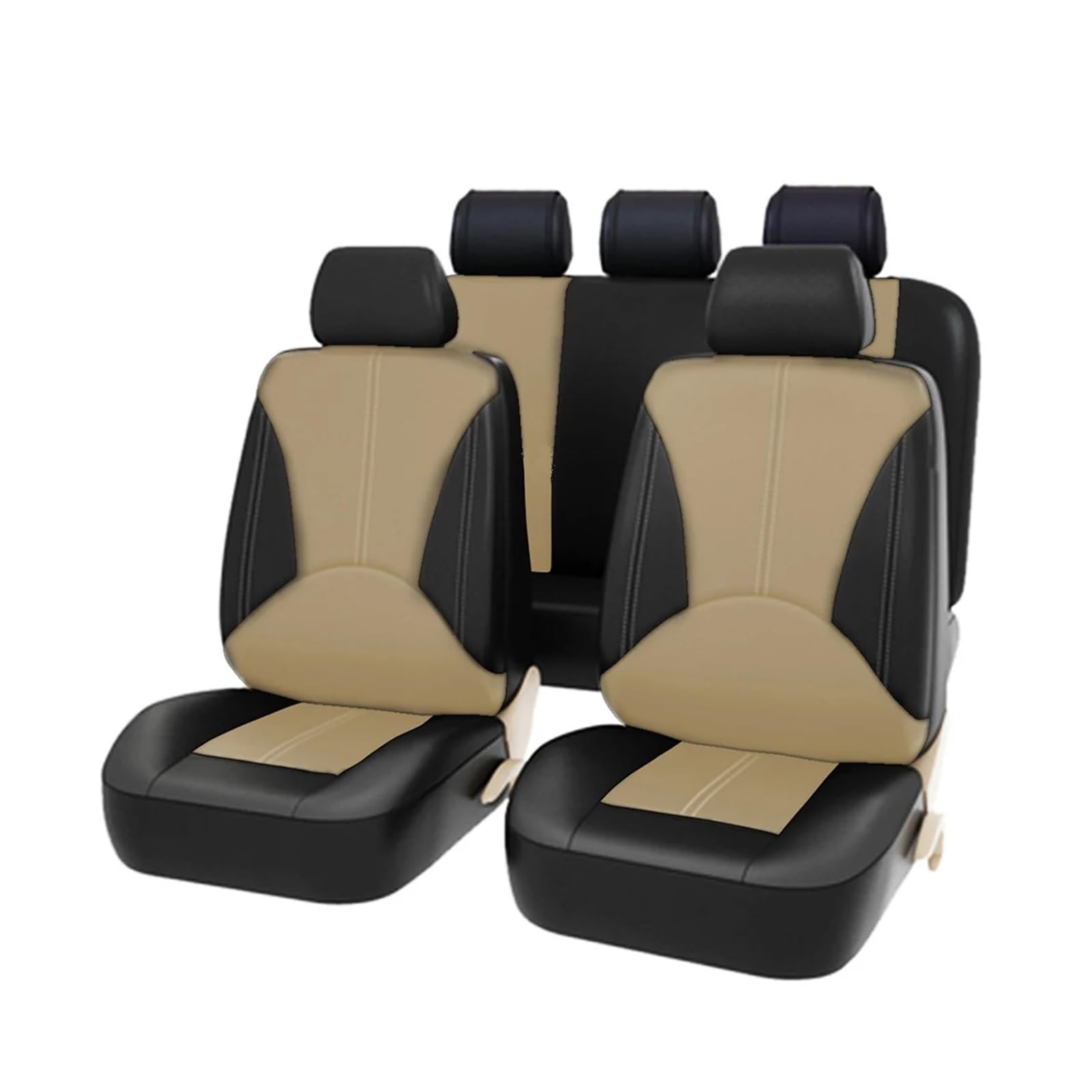 HUANGSHIJUNOUS 9/4-teiliges Autositzbezüge-Set aus atmungsaktivem Leder, Sitzschutz-Set, Auto-Innenausstattung for Autos(9PCS Beige Black) von HUANGSHIJUNOUS