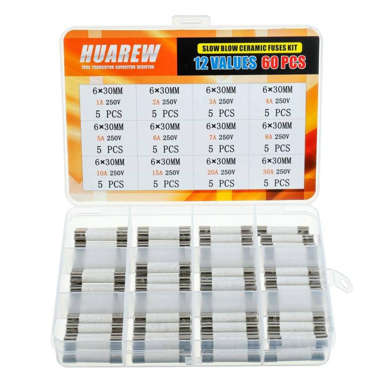 HUAREW 12 Werte 60 Stück 6x30 mm 1A 2A 3A 4A 5A 6A 7A 8A 10A 15A 20A 30A 250 V Slow Blow Keramikrohr sicherungen Klassifizierungs kit von HUAREW