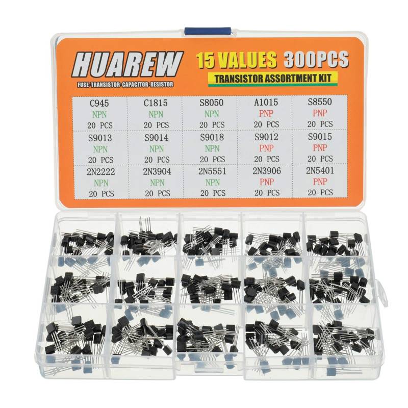 HUAREW 15 Werte 300 Stück Transistoren NPN C945 C1815 S8050 S9013 S9014 S9018 2N2222 2N3904 2N5551 PNP A1015 S8550 S9012 S9015 2N3906 2N5401 BJT Bipolar Junction Transistoren Klassifizierungs kit von HUAREW