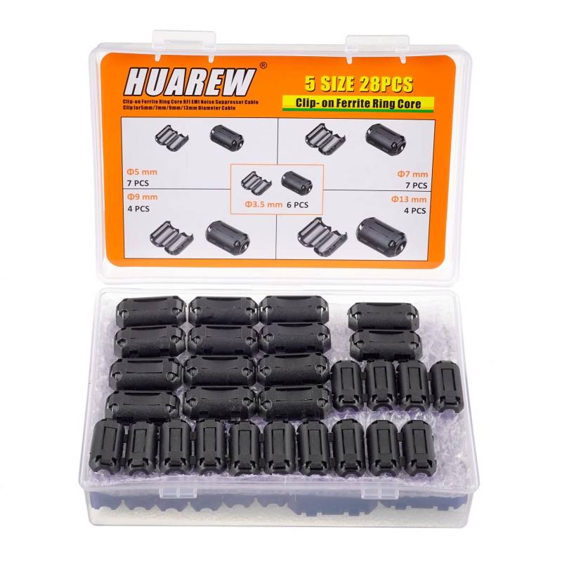 HUAREW 5 Values 28 Pieces Black Clip-on Ferrite Ring Core RFI EMI Noise Reducer Cable Clip for 3.5 mm 5 mm 7 mm 9 mm 13 mm Diameter Cable von HUAREW