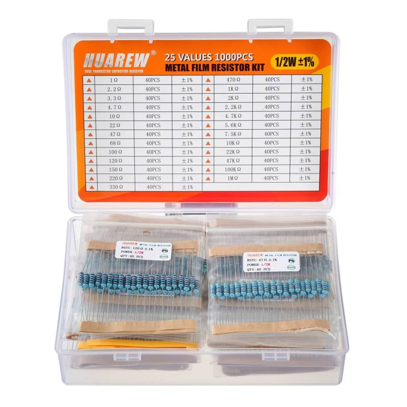 HUAREW Widerstände Sortiment Kit 1Ohm-1M Ohm 1/2W Metallfilm Wiederständer Wiederstand Vorwiderstand Metallfilm Resistors Resistor Kit(25 Werte 1000 Stück) von HUAREW