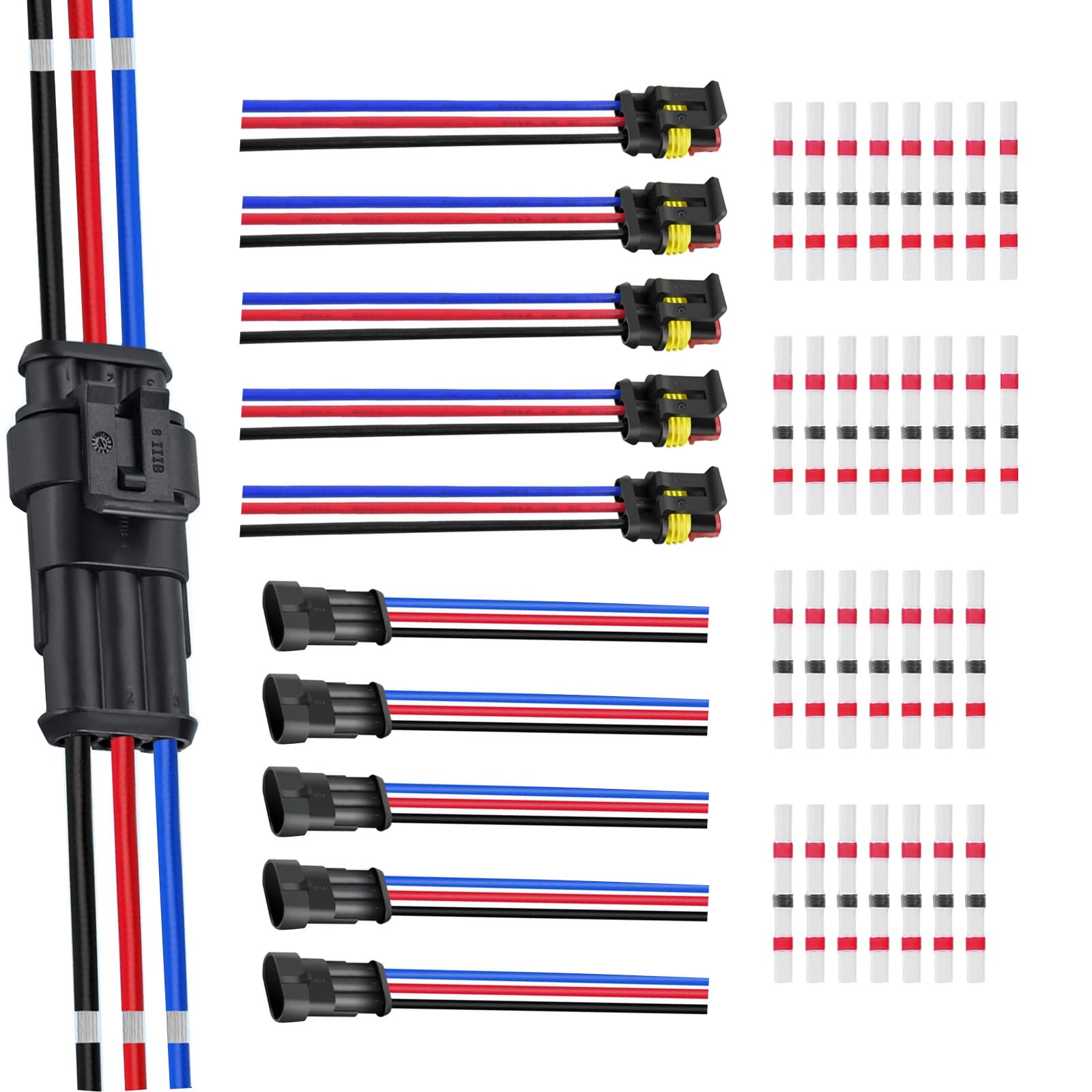 HUAZIZ 3 Polig Kabel Steckverbinder Stecker, 6 Sätze Wasserdichter Stecker Kabel Steckverbinder Stecker mit Kabel 20 AWG Marine für Auto KFZ LKW Kayak Boote Roller Motorrad,mit 30 Stück Lötverbinder von HUAZIZ