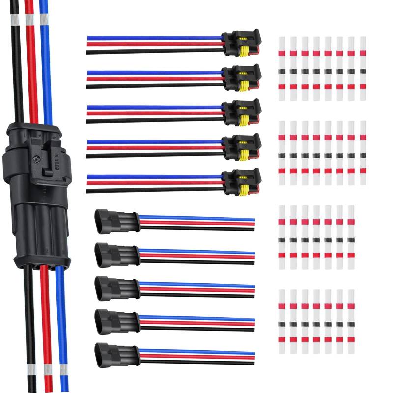 HUAZIZ 3 Polig Kabel Steckverbinder Stecker, 6 Sätze Wasserdichter Stecker Kabel Steckverbinder Stecker mit Kabel 20 AWG Marine für Auto KFZ LKW Kayak Boote Roller Motorrad,mit 30 Stück Lötverbinder von HUAZIZ