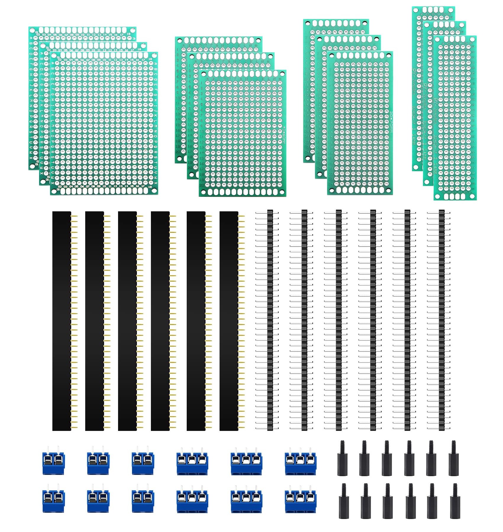 HUAZIZ 48 Stück PCB Board Kits, 12 Stück Doppelseitige Leiterplatten Prototypkarten, 12 Stück männlich weiblich 40 Pin Kopfleiste, 12 Stück 2P/3P Screw Terminal, 12 Stück Nylonsäule von HUAZIZ