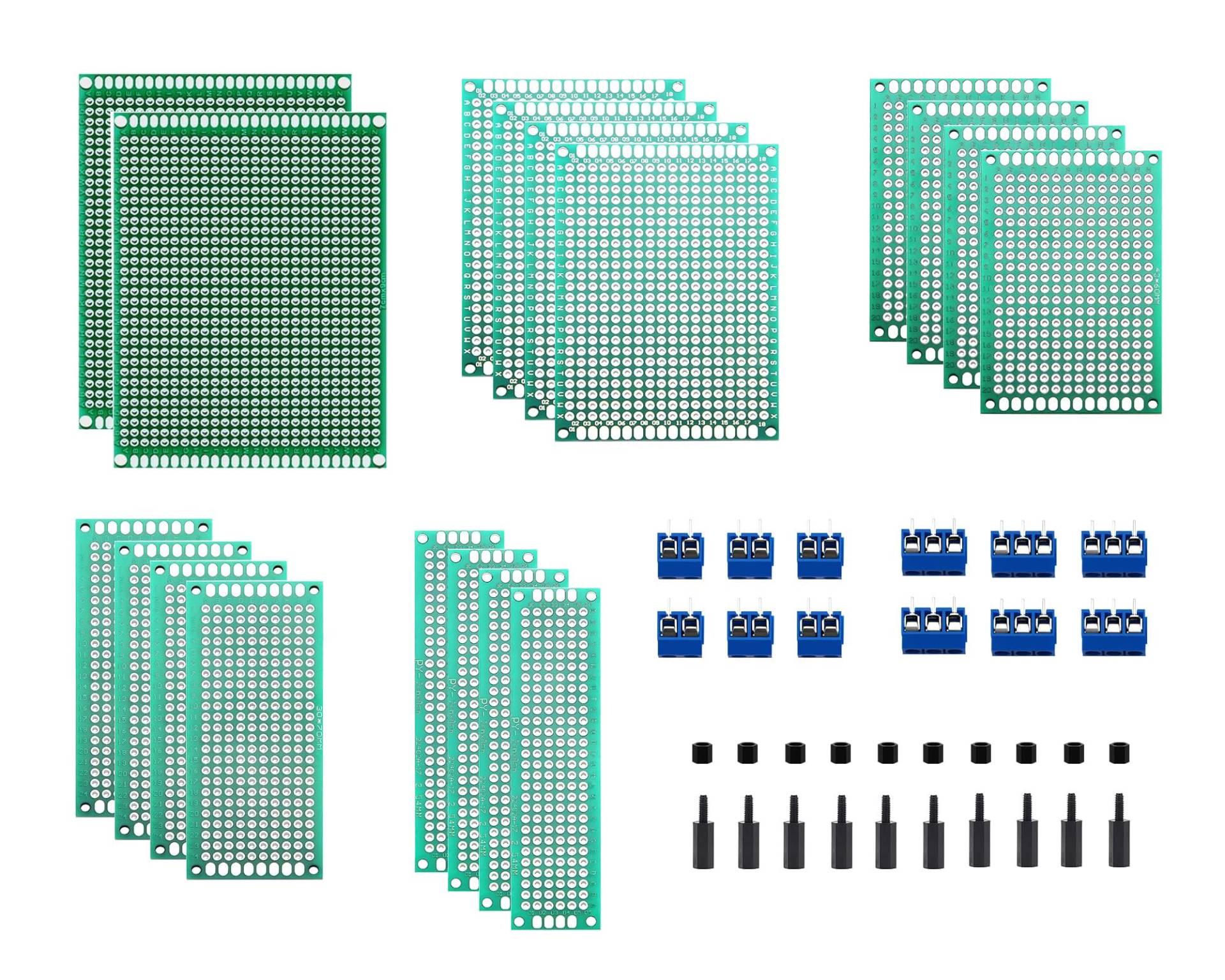 HUAZIZ 50 Stück PCB Board Kits, 18 Stück Doppelseitige Leiterplatten Prototypkarten, 12 Stück 2P/3P Screw Terminal, 20 Stück M2 Nylonsäule von HUAZIZ