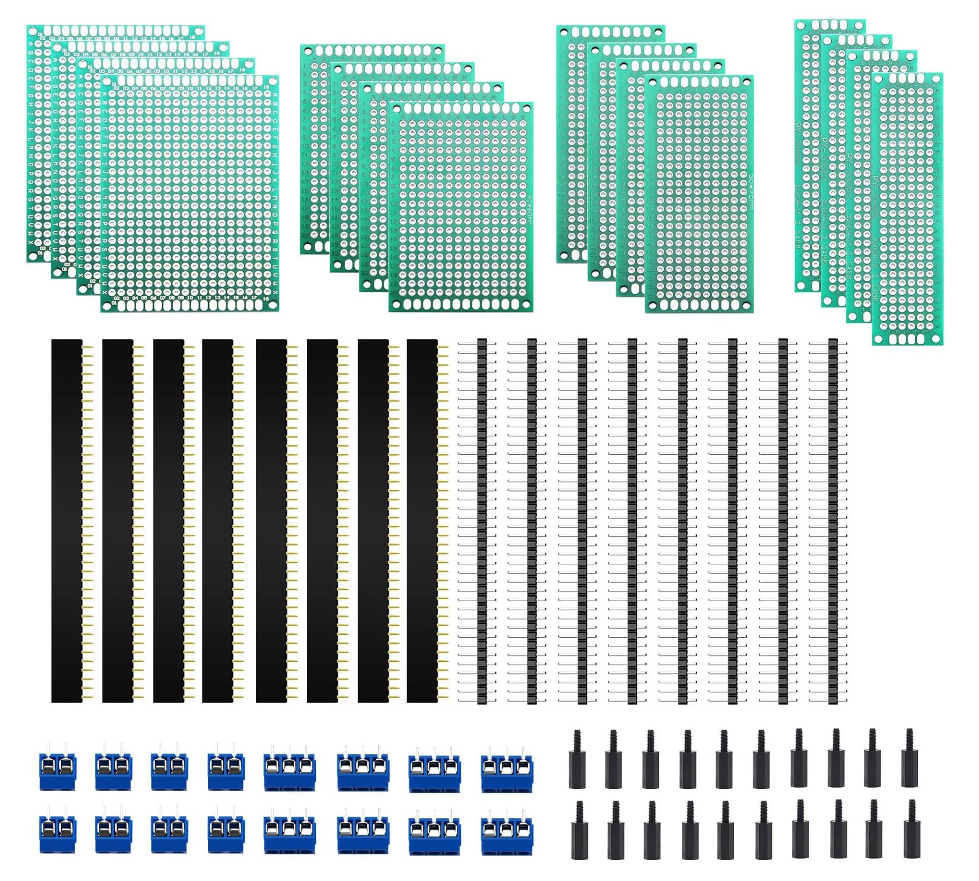 HUAZIZ 68 Stück PCB Board Kits, 16 Stück Doppelseitige Leiterplatten Prototypkarten, 16 Stück männlich weiblich 40 Pin Kopfleiste, 16 Stück 2P/3P Screw Terminal, 20 Stück Nylonsäule von HUAZIZ