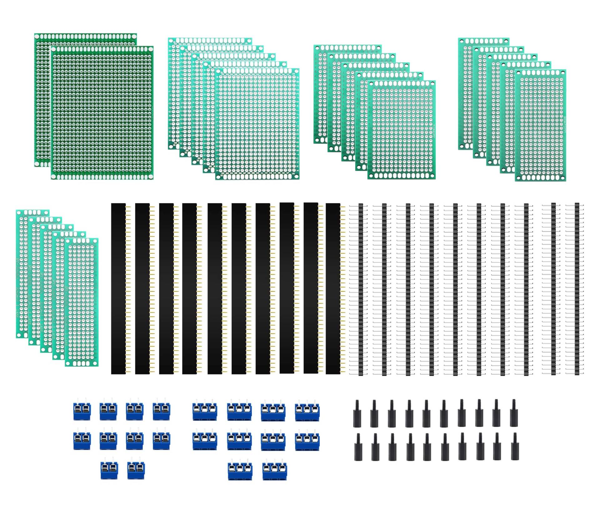 HUAZIZ 82 Stück PCB Board Kits, 22 Stück Doppelseitige Leiterplatten Prototypkarten, 20 Stück männlich weiblich 40 Pin Kopfleiste, 20 Stück 2P/3P Screw Terminal, 20 Stück Nylonsäule von HUAZIZ