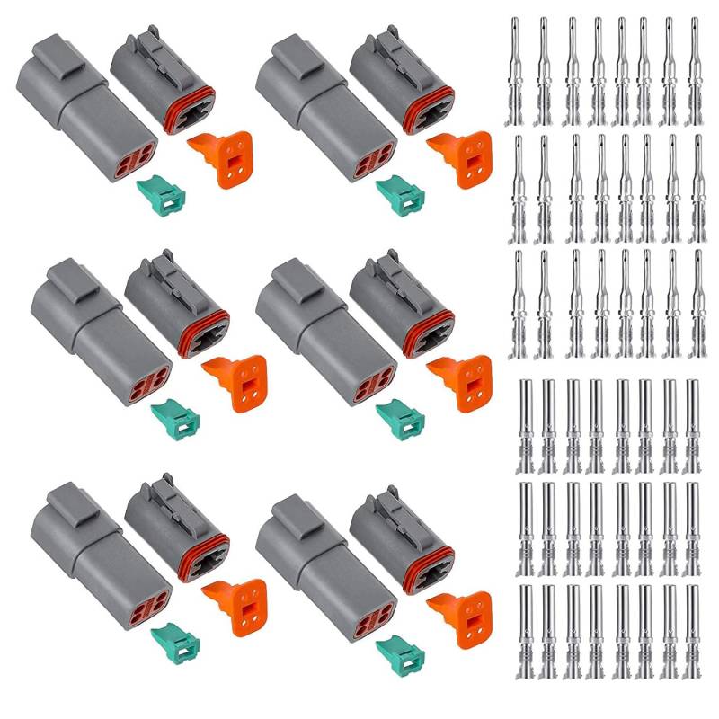 HUAZIZ DT-Stecker-Set,6 Sets DT-Stecker 4-polig, Versiegelt, Grau, Stecker und Buchse, Auto Wasserdichter Elektrischer Steckverbinder, 4 Polig DT Serie Kabelstecker für Auto LKW Boots, 22-18AWG von HUAZIZ