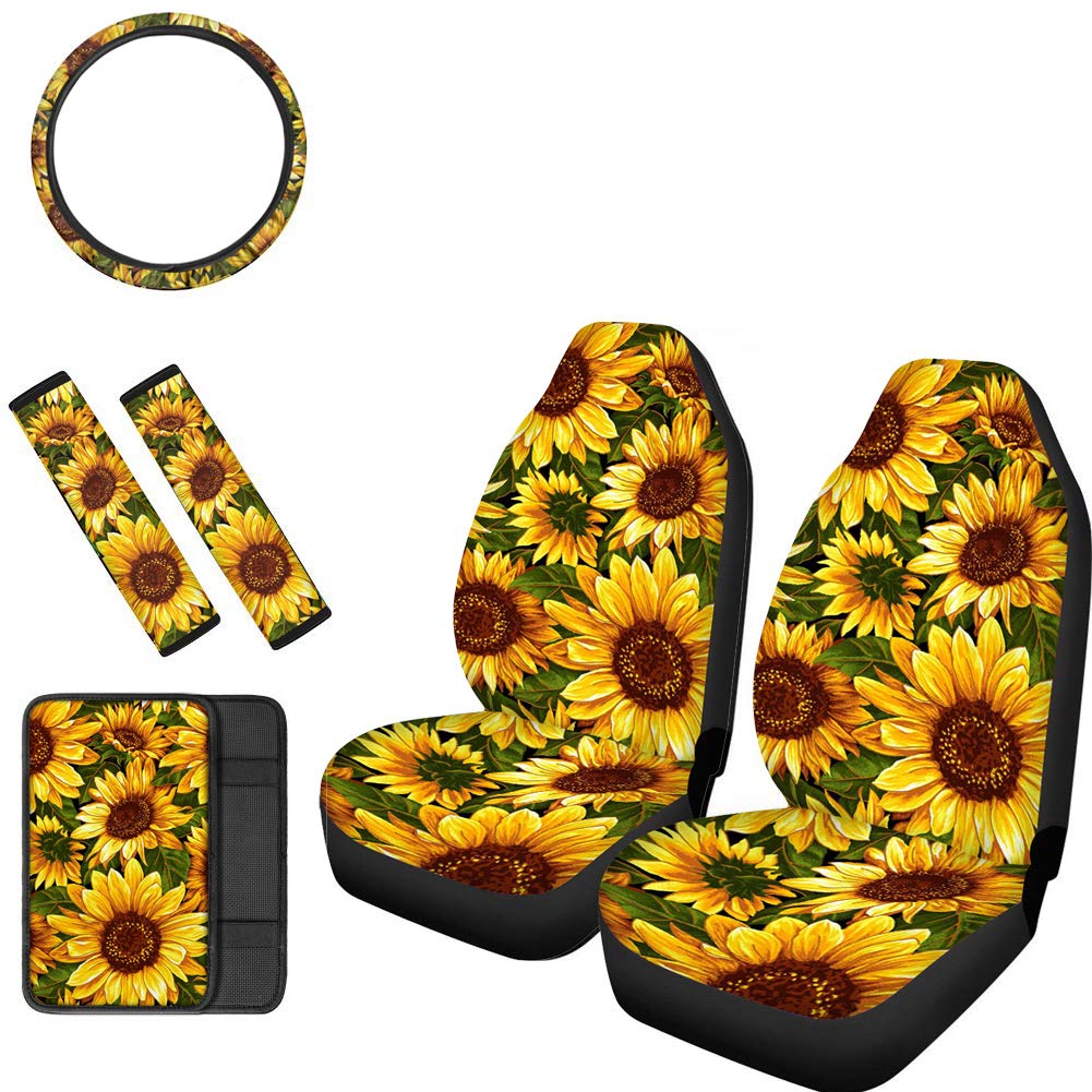 HUGS IDEA Auto-Sitzbezug mit Sonnenblumen-Motiv, Streerradkissen, Mittelkonsolenbezüge, Gurtpolster, 6 Stück, Universa-Geschenk von HUGS IDEA