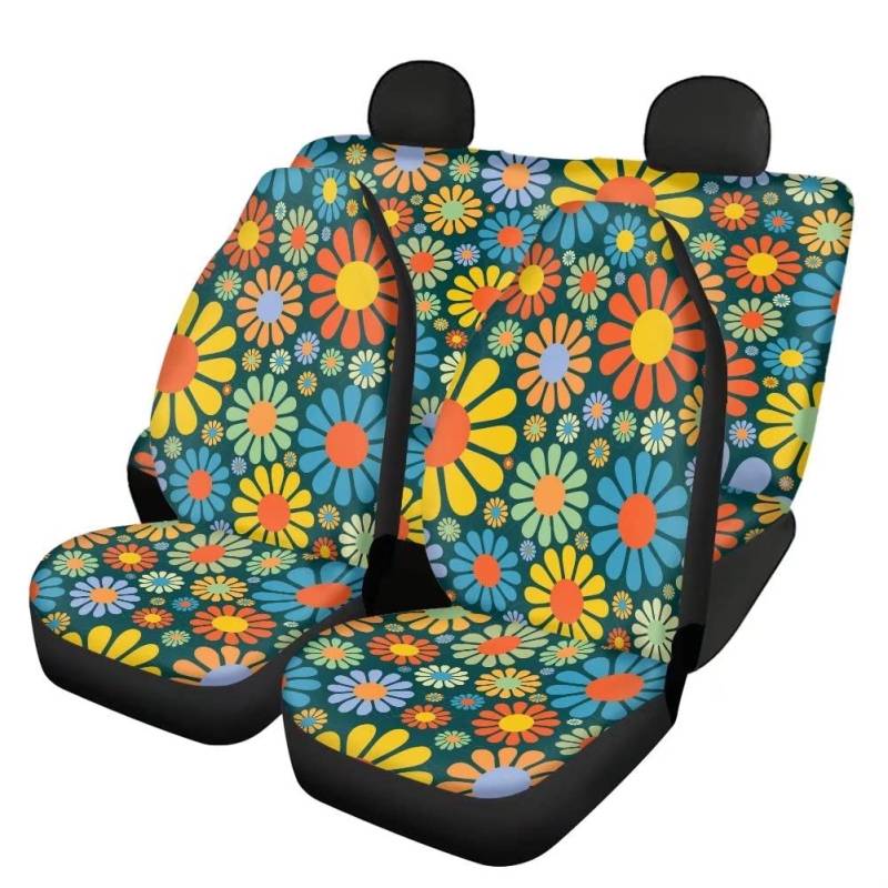 HUGS IDEA Autozubehör Sitzbezüge Vordersitzschoner Rücksitzschoner Kissen 4 Stück Abstrakt Hippie Gänseblümchen Blumen Print Universal Fit von HUGS IDEA