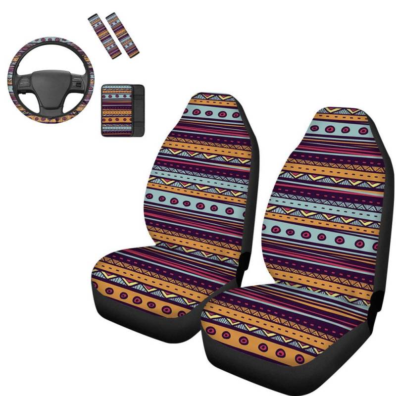 HUGS IDEA Sitzbezug-Set mit Lenkradkissen, Schultergurtpolster, Armlehnenbezüge, passend für die meisten Autos, LKWs, SUVs, Retro, geometrisches Patchwork-Design von HUGS IDEA