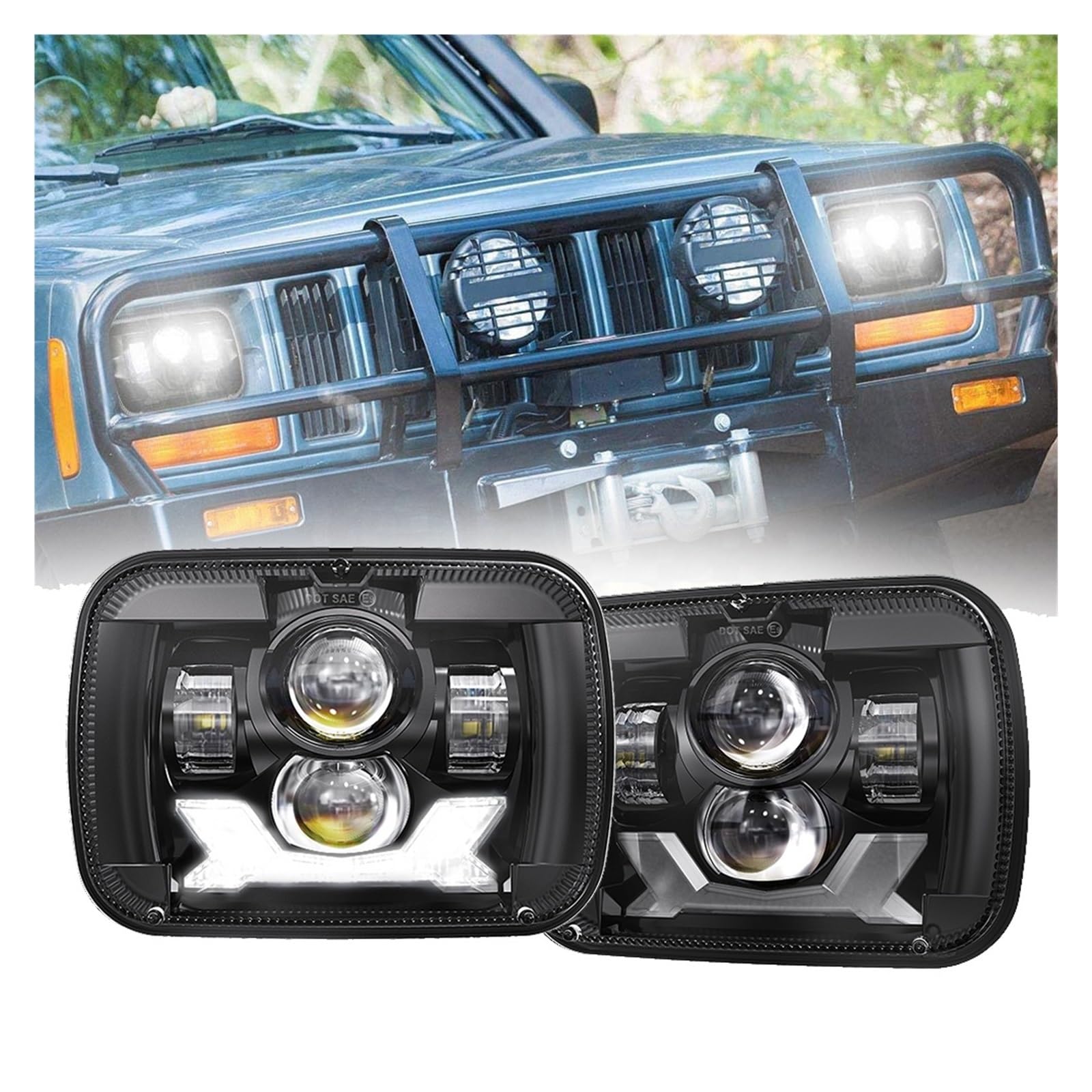 HUHASJEQ 1 Paar 5 x 7 Zoll 7 x 6 Zoll weiß DRL H4 Bernstein Blinker Licht kompatibel for Wrangler YJ Cherokee XJ Comanche MJ quadratischer Scheinwerfer(Black) von HUHASJEQ