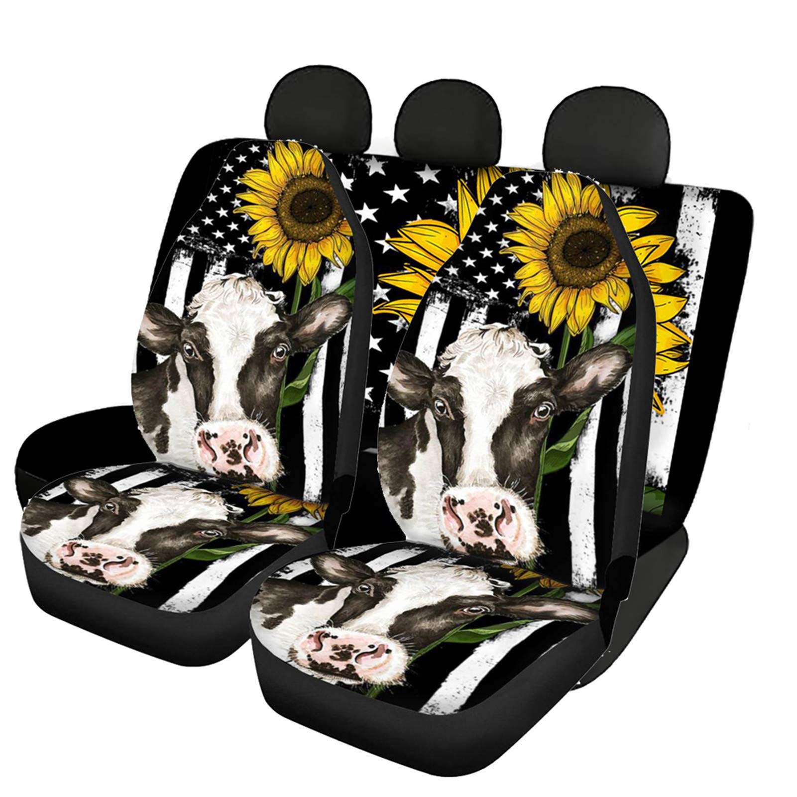 HUIACONG Autozubehör mit Sonnenblumen-Kuh-Aufdruck, Universal-Sitzbezüge, komplettes Set, Auto-Vordersitzbezüge + Rücksitzbank, für Damen, Auto-Innendekoration von HUIACONG