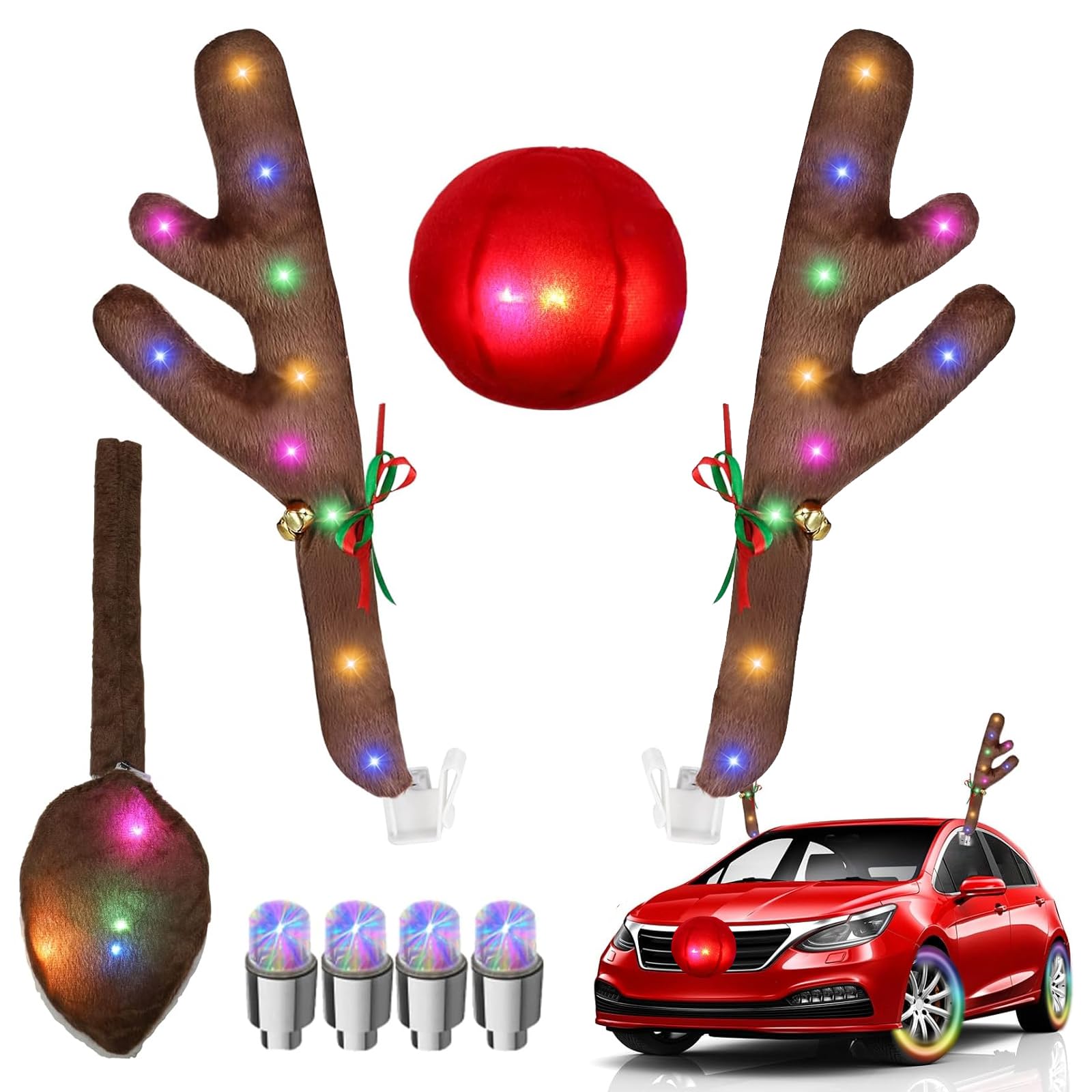 HUIKUANGEU Rentier Auto,Weihnachten Auto Rentier Geweih,Auto Rudolph Rentier,Rentiergeweihe Auto Weihnachtsdeko,Auto Plüsch Rudolph Kostüm,Auto Deko mit Geweih,Augen,Nase und Schwanz von HUIKUANGEU