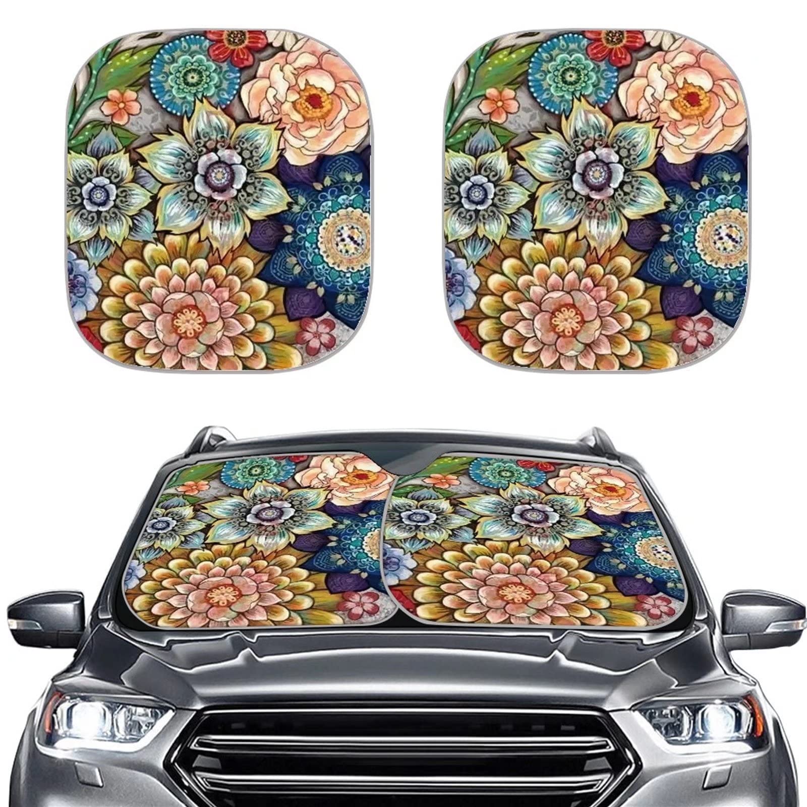 HUISEFOR Auto Frontscheibe Sonnenschutz Universal für Frauen, Vintage Hortensien Blume Design 2 Packungen Faltbar Auto Fenster Sonnenschutz Sonnenblende Reflektieren UV von HUISEFOR