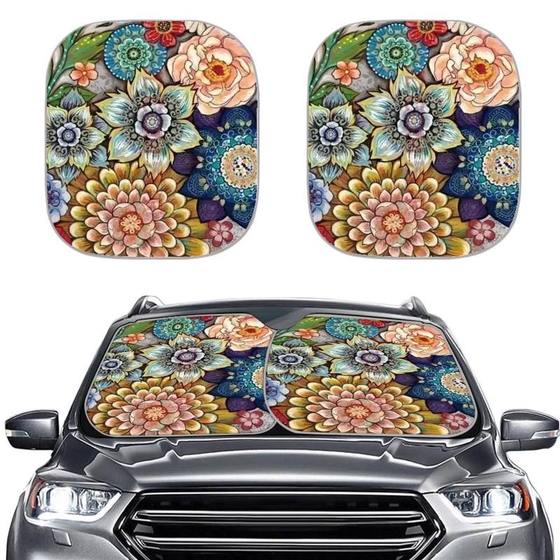 HUISEFOR Auto Frontscheibe Sonnenschutz Universal für Frauen, Vintage Hortensien Blume Design 2 Packungen Faltbar Auto Fenster Sonnenschutz Sonnenblende Reflektieren UV von HUISEFOR