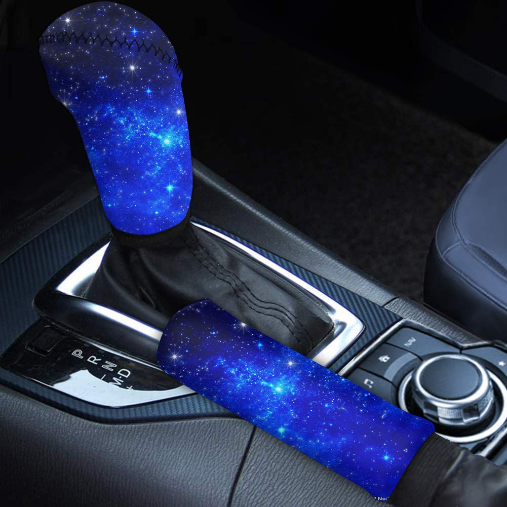 HUISEFOR Blaue Schalthebelabdeckung, Handbremsen-Abdeckung, Bling Galaxy Auto Schaltknauf-Abdeckungen Auto Innenraum Stylisch 2 Stück Set Auto Dekorative Abdeckung von HUISEFOR