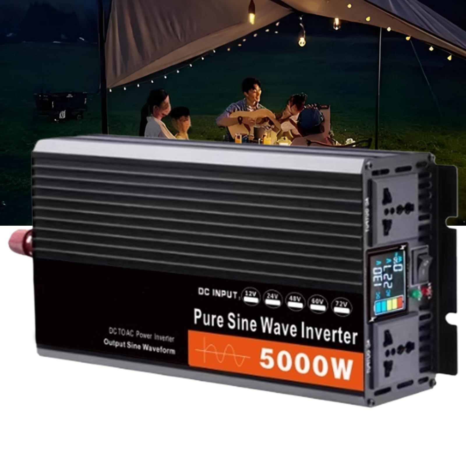 HUIZHITENGDA 2500/5000 W (Spitze) Reiner Sinus-Wechselrichter, DC 12 V 24 V 48 V 60 V 72 V auf AC 110 V/220 V Auto-Wechselrichter für Familie, Wohnmobil, netzunabhängige Solaranlage, Auto,12V to 220V von HUIZHITENGDA