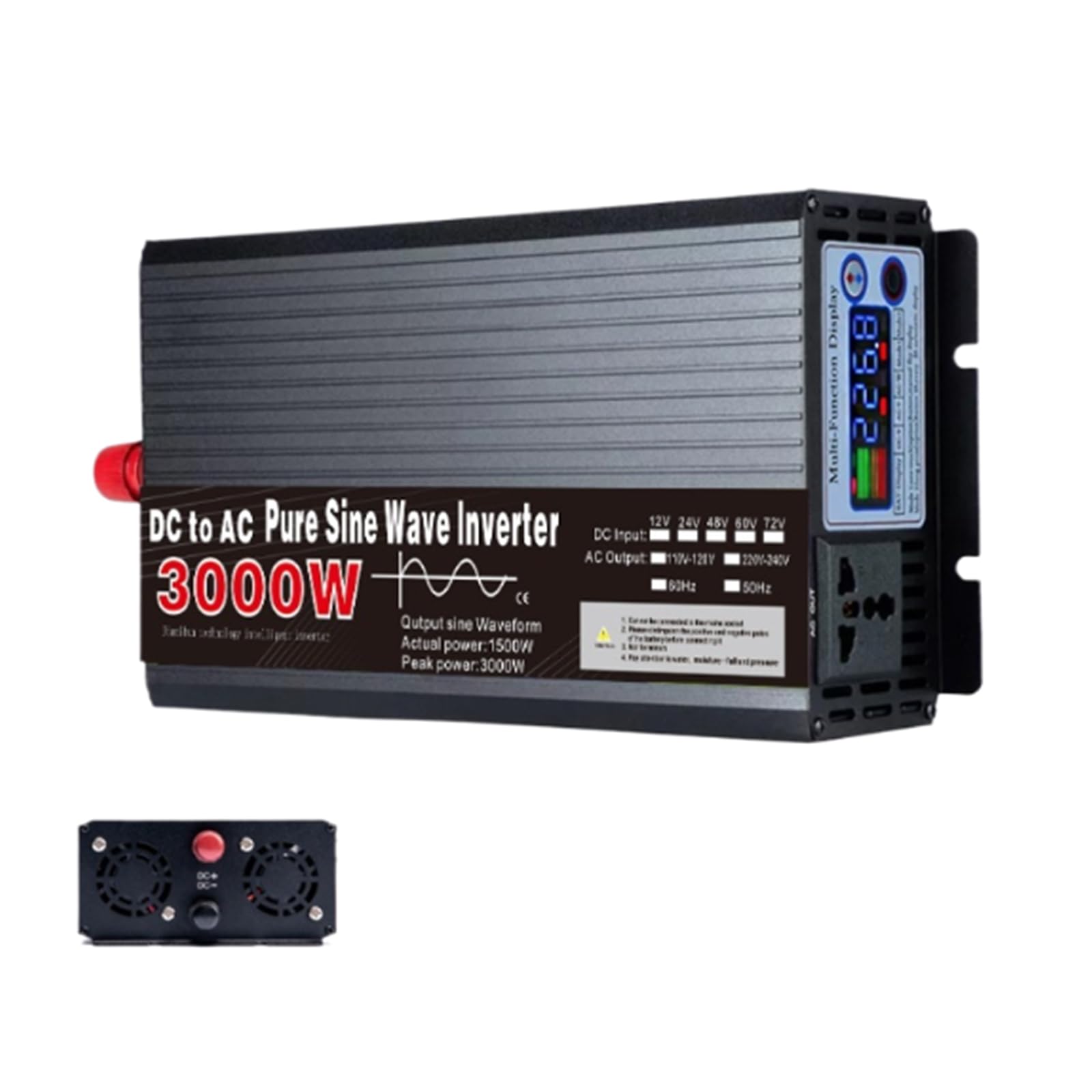 HUIZHITENGDA 3000 Watt Fahrzeug-Wechselrichter 12 V 24 V 48 V 60 V 72 V DC auf 110 V/220 V AC Konverter, Reiner Sinus-Wechselrichter mit LCD-Display, 1 AC-Steckdose für Sattelschlepper,48V to 220V von HUIZHITENGDA