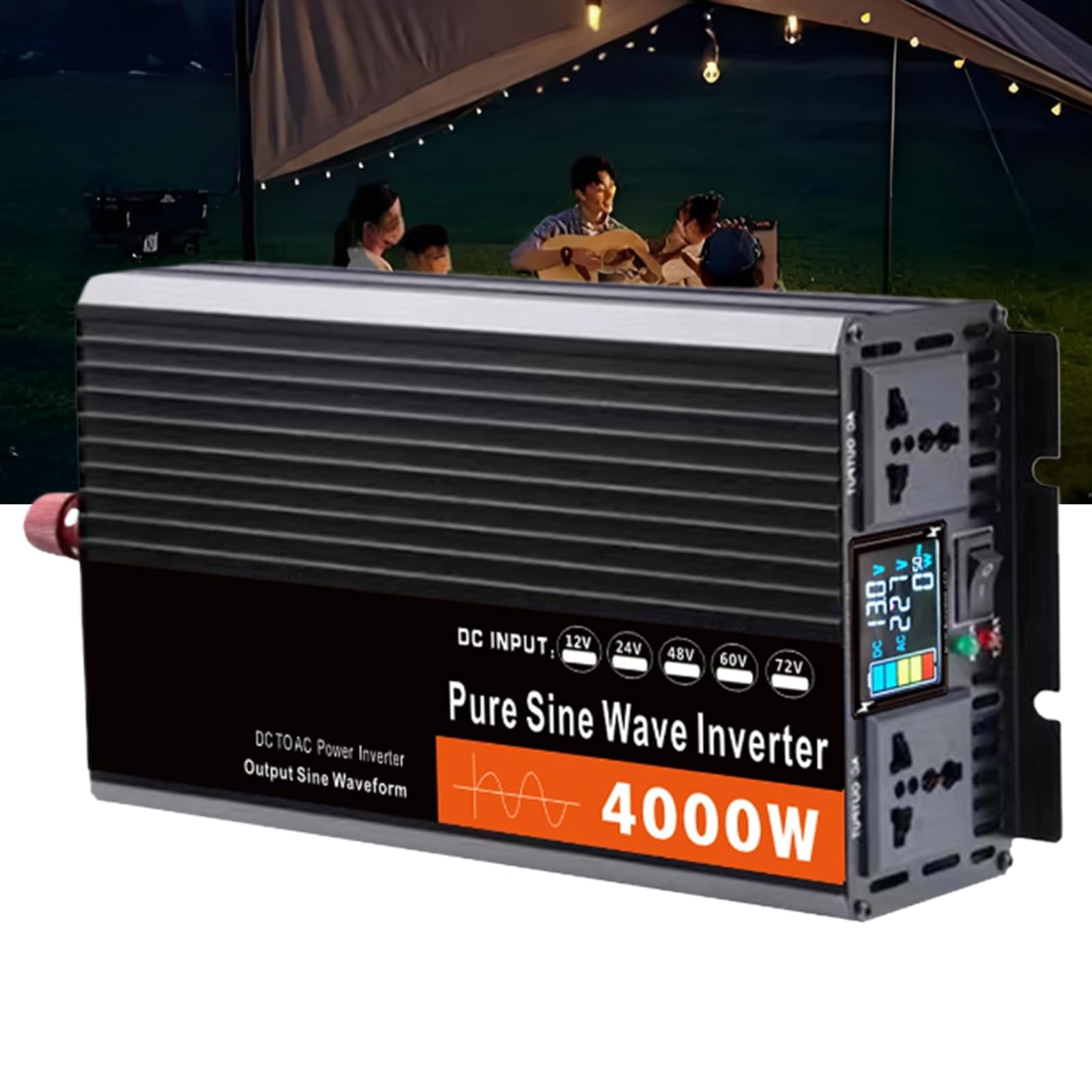 HUIZHITENGDA Auto-Wechselrichter, Reine Sinuswelle, 4000 W, 12 V Gleichstrom auf 110/120 V/230 V/240 V Wechselstrom, Konverter mit 2 Wechselstromsteckdosen für Auto, Camping,12V to 110V von HUIZHITENGDA