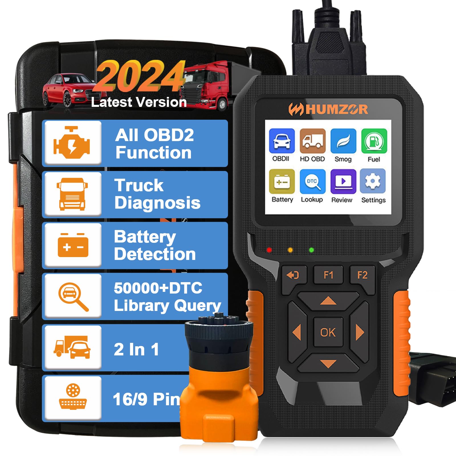 HUMZOR OBD2 Scanner Diagnosegerät, Auto Schwerlast LKW Motor Fehlercode-Leser, NC601 Unterstützung 16/9 Pin Schnittstelle Lesen Code Löschcode Kompatibel mit leichten und schweren LKWs 2 in 1 von HUMZOR