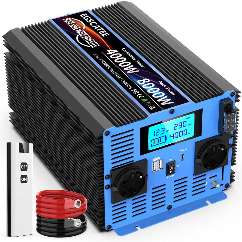 4000W Wechselrichter 12V 230V Reiner Sinus Spannungswandler Inverter mit 2 EU Steckdosen & USB Ausgang &Type-C,Fernbedienung und LCD-Anzeige Spitzenleistung 8000W für LKW Camping Notfall Wohnmobil von HUXAUEAY