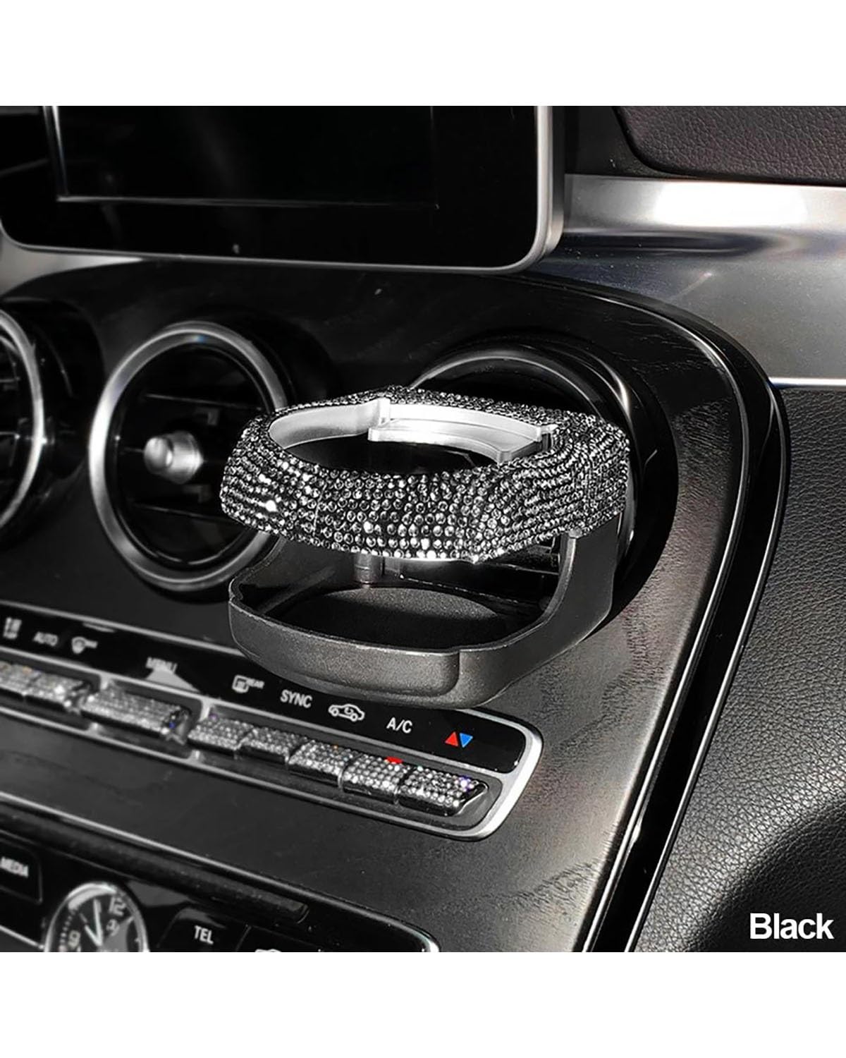 Auto Getränkehalter Getränkehalter Mit Luftauslass Vorne Mit Strasssteinen Gebohrt Glitzernder Strass-Getränkehalter Für Wasserbecher Wasserkocher Autozubehör Auto Getränkehalter für Lüftung(Black) von HUYHSD