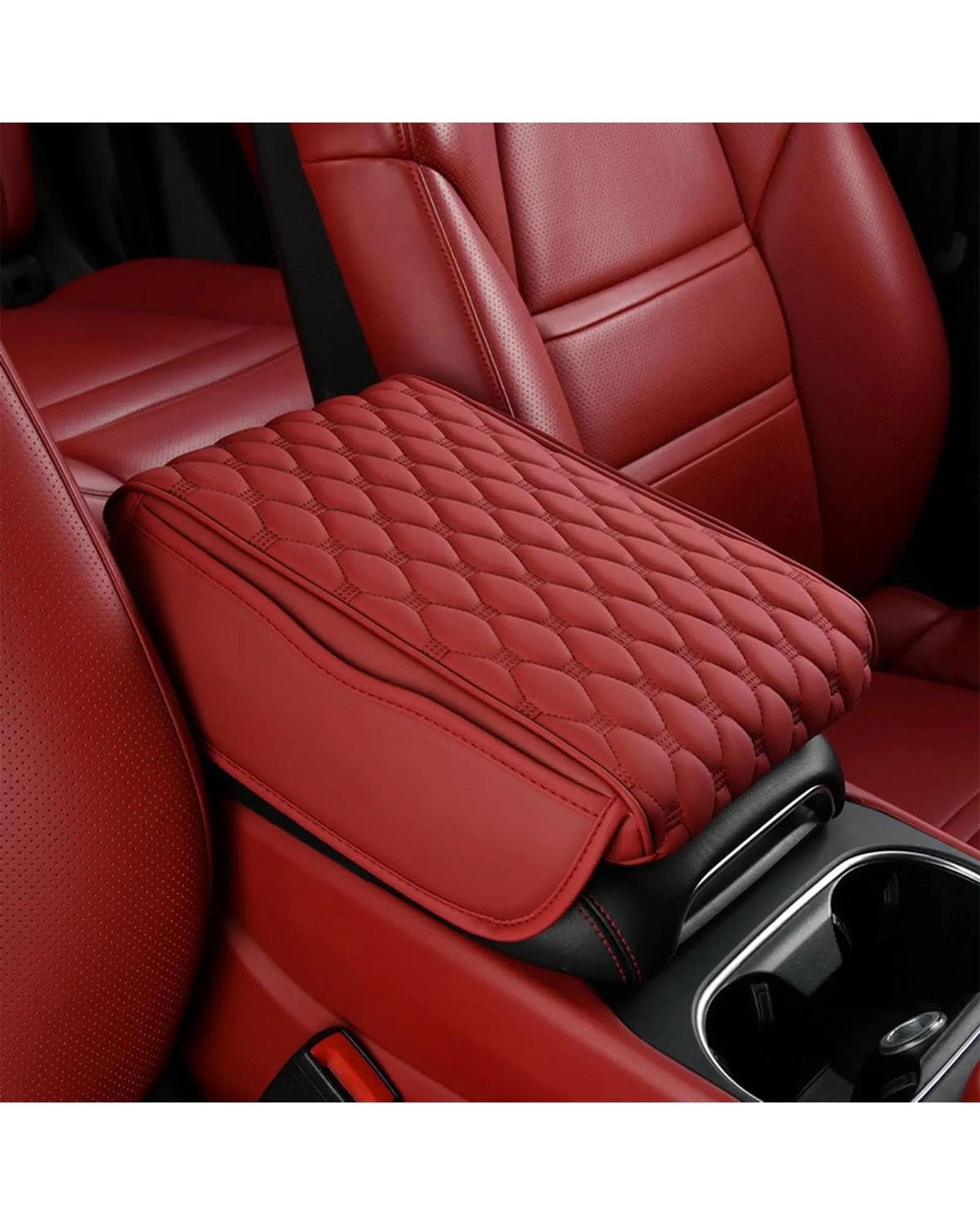 Mittelarmlehne PU Synthetisches Material Auto Armlehne Matte Mit Lagerung Tasche Mittelkonsole Auto Armlehnen Lagerung Box Abdeckung Pad Rest Schutz Kissen Car Armrest Portable Handle(Red) von HUYHSD