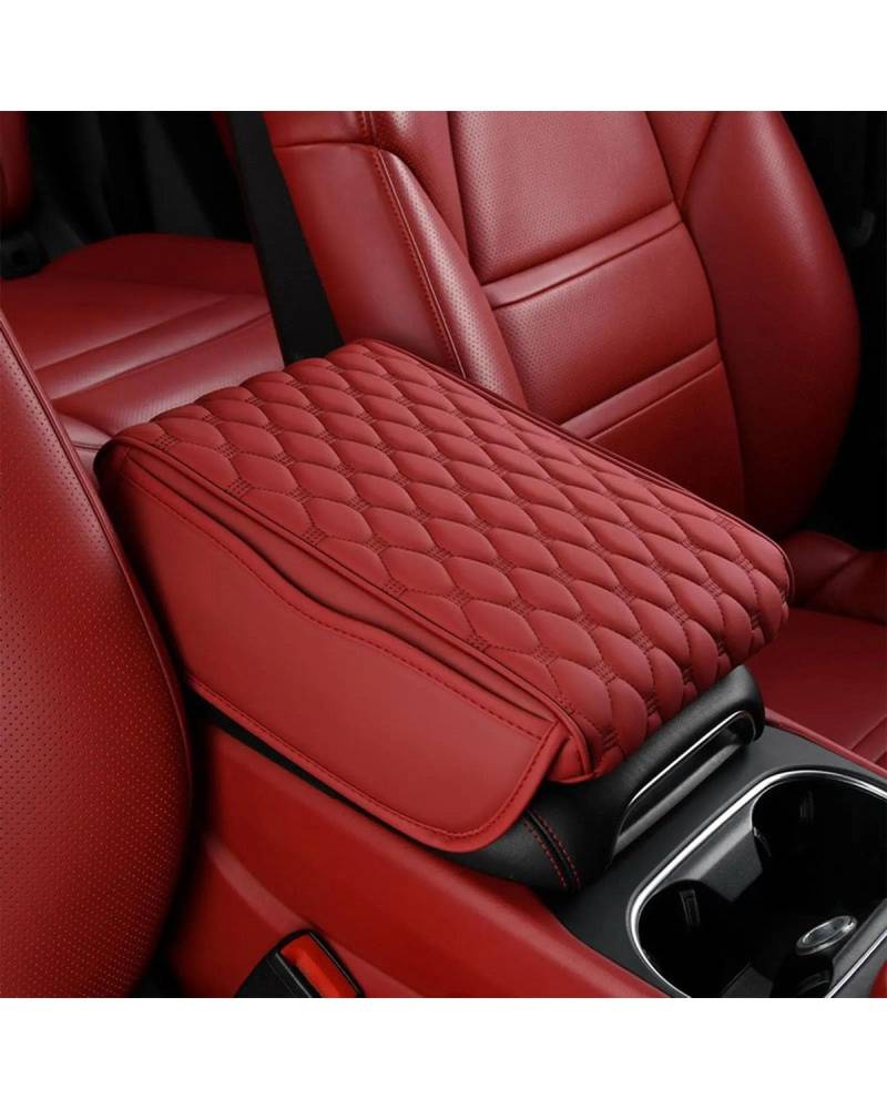 Mittelarmlehne PU Synthetisches Material Auto Armlehne Matte Mit Lagerung Tasche Mittelkonsole Auto Armlehnen Lagerung Box Abdeckung Pad Rest Schutz Kissen Car Armrest Portable Handle(Red) von HUYHSD