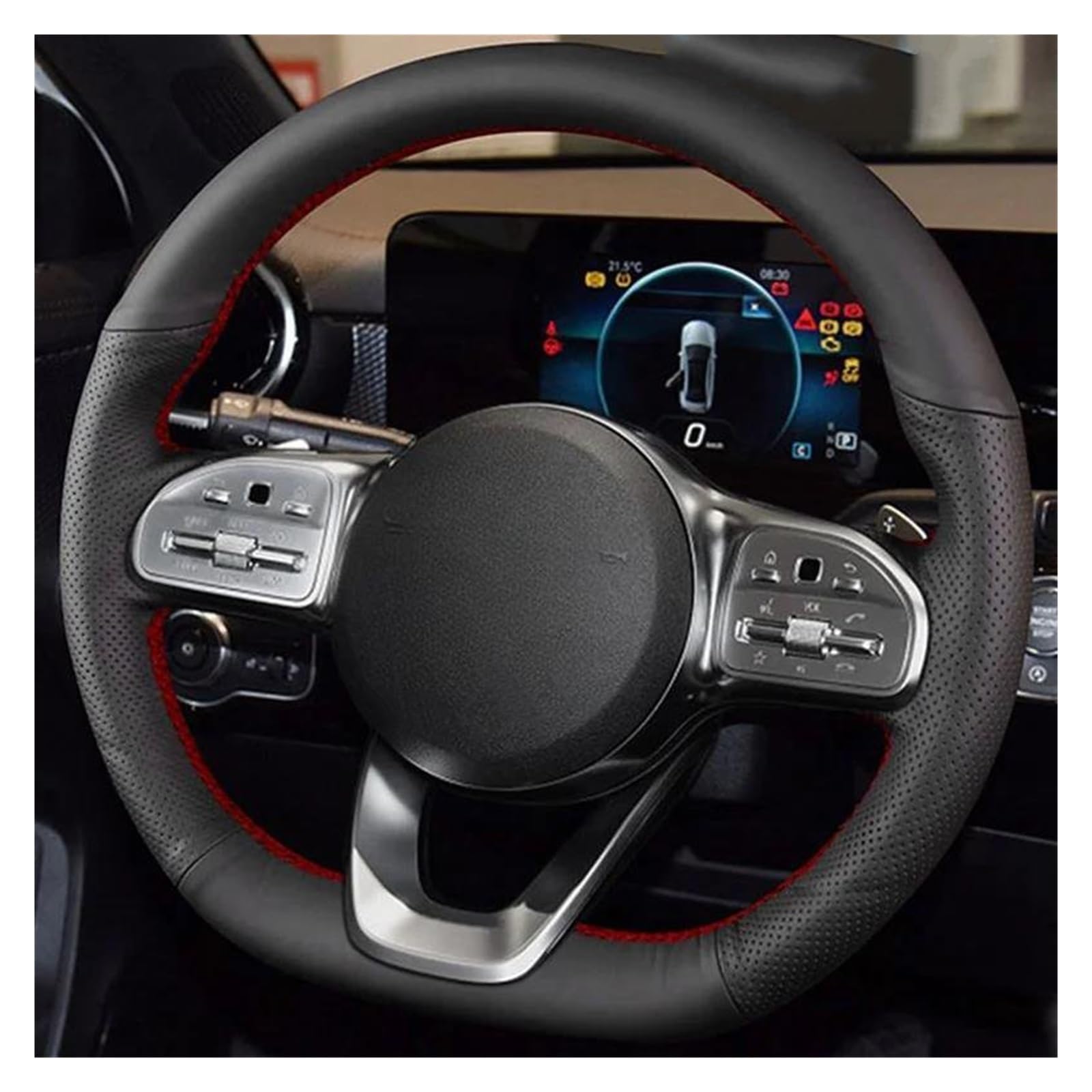 Auto Lenkradbezug Für W177 V177 W247 W205 C118 C257 DIY Lenkrad Abdeckung Wrap Auto Lenkrad Abdeckung Geflecht Künstliche Leder Lenkradschoner(Black Thread) von HXVGEGKPYK