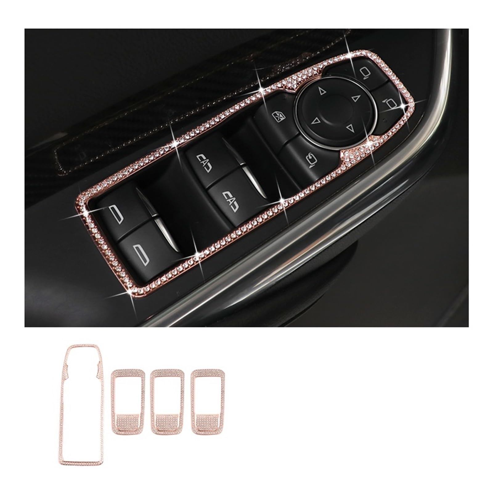 4 Stück Fenster-Knopf-Glas-Hebetafel-Aufkleber, Armlehnen-Patch, Diamant-Aufkleber, Innendekoration, kompatibel for Cadillac XT4 2018 2019(4pcs Rose Gold) von HXYUA