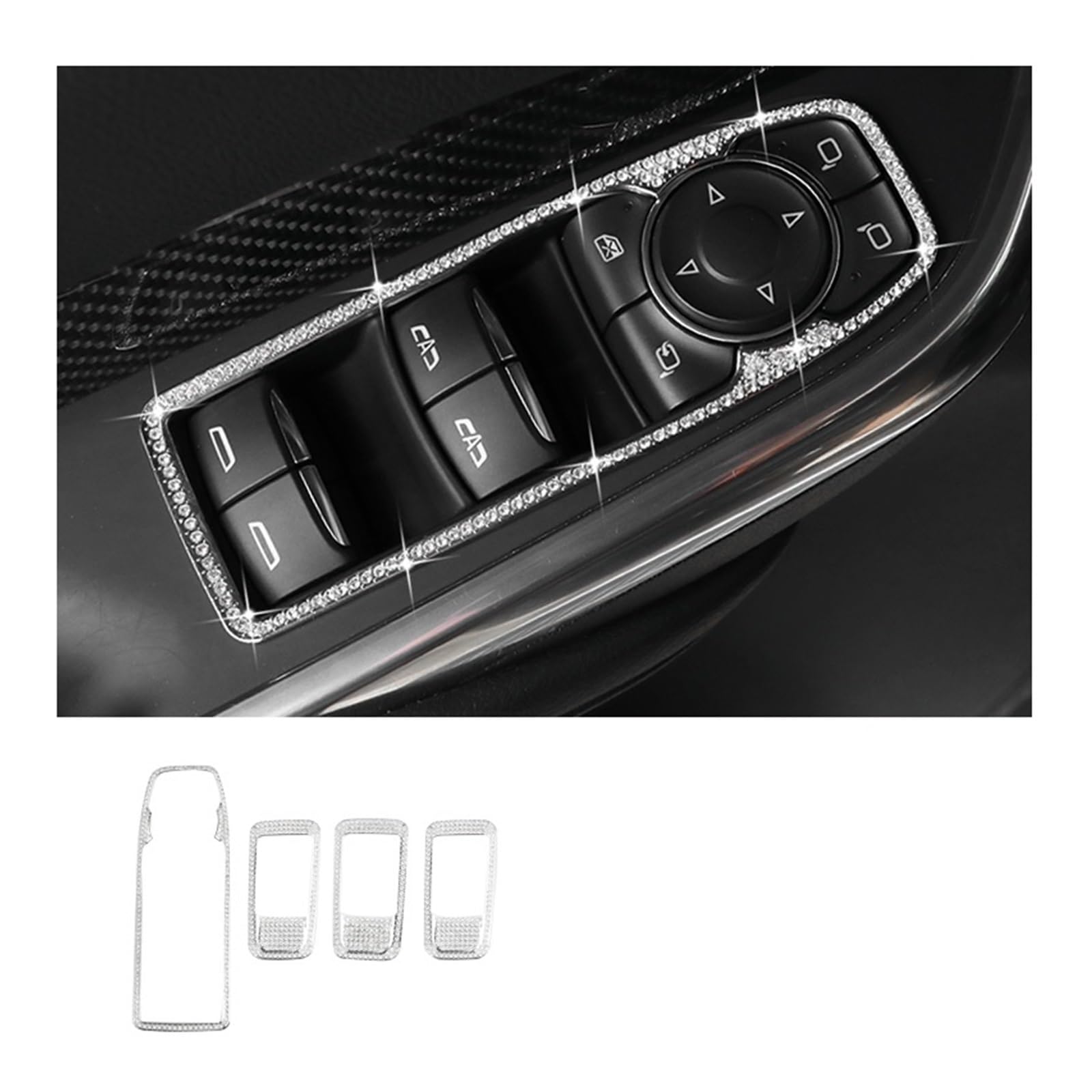 4 Stück Fenster-Knopf-Glas-Hebetafel-Aufkleber, Armlehnen-Patch, Diamant-Aufkleber, Innendekoration, kompatibel for Cadillac XT4 2018 2019(4pcs Sliver) von HXYUA