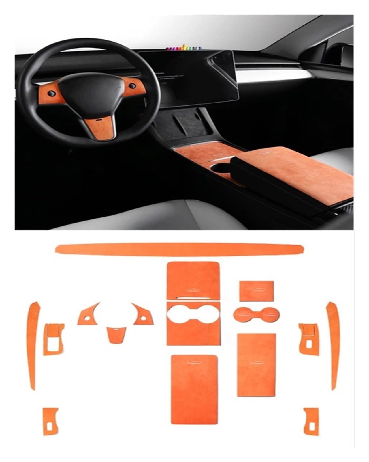 Innenverkleidungsaufkleber, kompatibel for Tesla Modell 3 Modell Y 2023–2018, zentrale Steuerung, Armaturenbrett, Türseitenabdeckung(2969 Orange 18pcs) von HXYUA