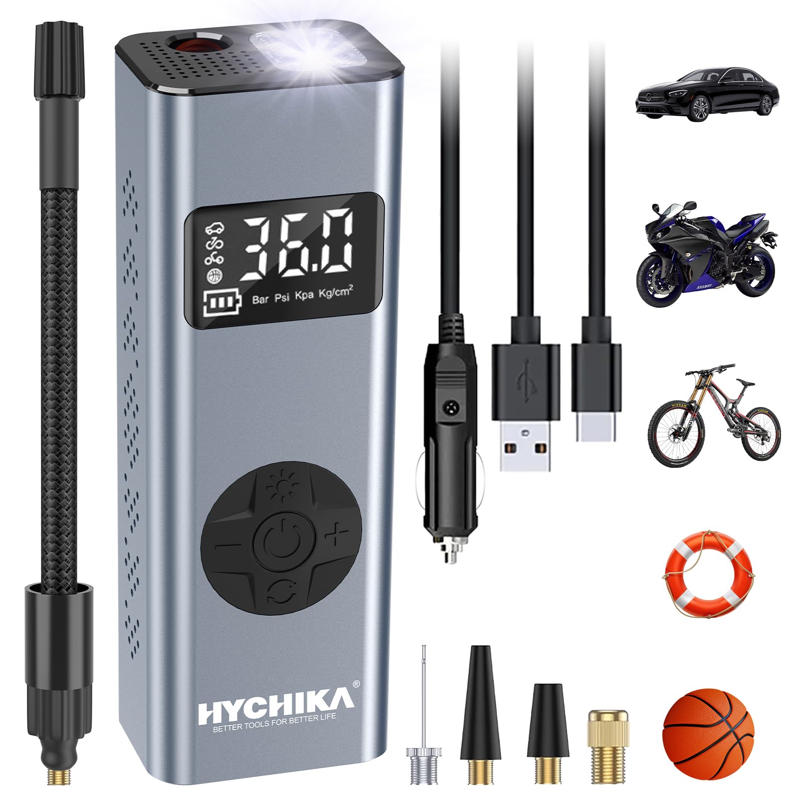 Tragbarer Luftkompressor HYCHIKA 12V 6000mAh Wiederaufladbarer Elektrischer Kompressor I50PSI luftpumpe, Fahrradpumpe mit LED-Licht und Manometer für Auto Fahrrad Motorrad Bälle, AutoOff von HYCHIKA BETTER TOOLS FOR BETTER LIFE