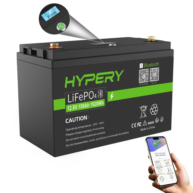 Smart 12V 150Ah LiFePO4 Batterie mit Bluetooth, LED-Display, Startschalter und BMS, perfekte Lithium Batterie für Wohnmobile, Golfwagen, Boote und Energiespeicher zu Hause von HYPERY