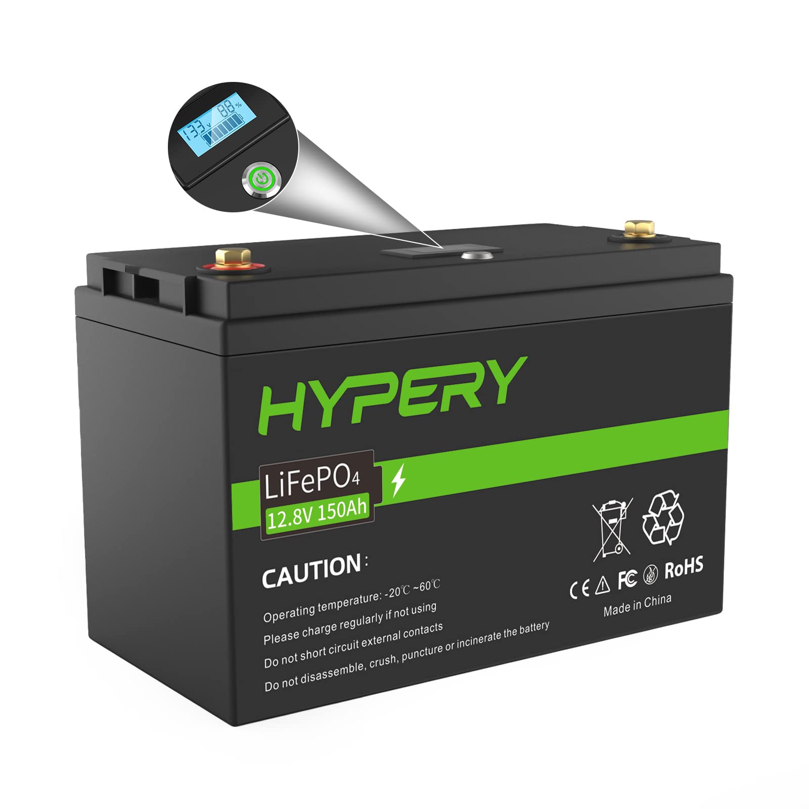 Smart 12V 150Ah LiFePO4 Batterie mit LED-Display, Startschalter und BMS, perfekte Lithium Batterie für Wohnmobile, Golfwagen, Boote und Energiespeicher zu Hause von HYPERY