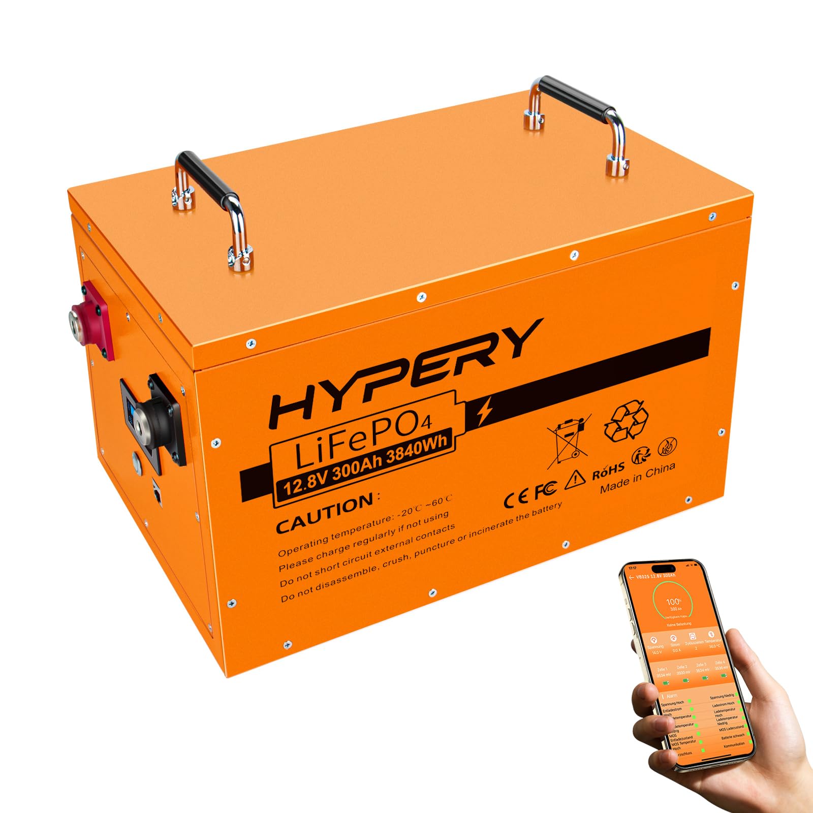 Smart 12V 300Ah LiFePO4 Batterie mit Bluetooth, LED-Display, Startschalter und BMS, perfekte Lithium Batterie für Wohnmobile, Golfwagen, Boote und Energiespeicher zu Hause von HYPERY