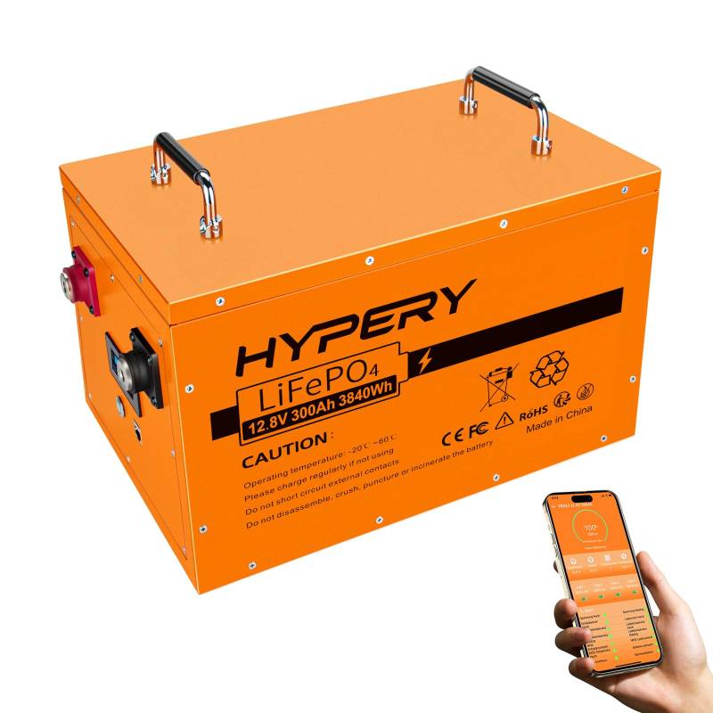 Smart 12V 300Ah LiFePO4 Batterie mit Bluetooth, LED-Display, Startschalter und BMS, perfekte Lithium Batterie für Wohnmobile, Golfwagen, Boote und Energiespeicher zu Hause von HYPERY