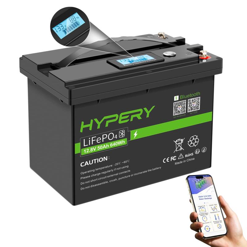 Smart 12V 50Ah LiFePO4 Batterie mit Bluetooth, LED-Display, Startschalter und BMS, perfekte Lithium Batterie für Wohnmobile, Golfwagen, Boote und Energiespeicher zu Hause von HYPERY