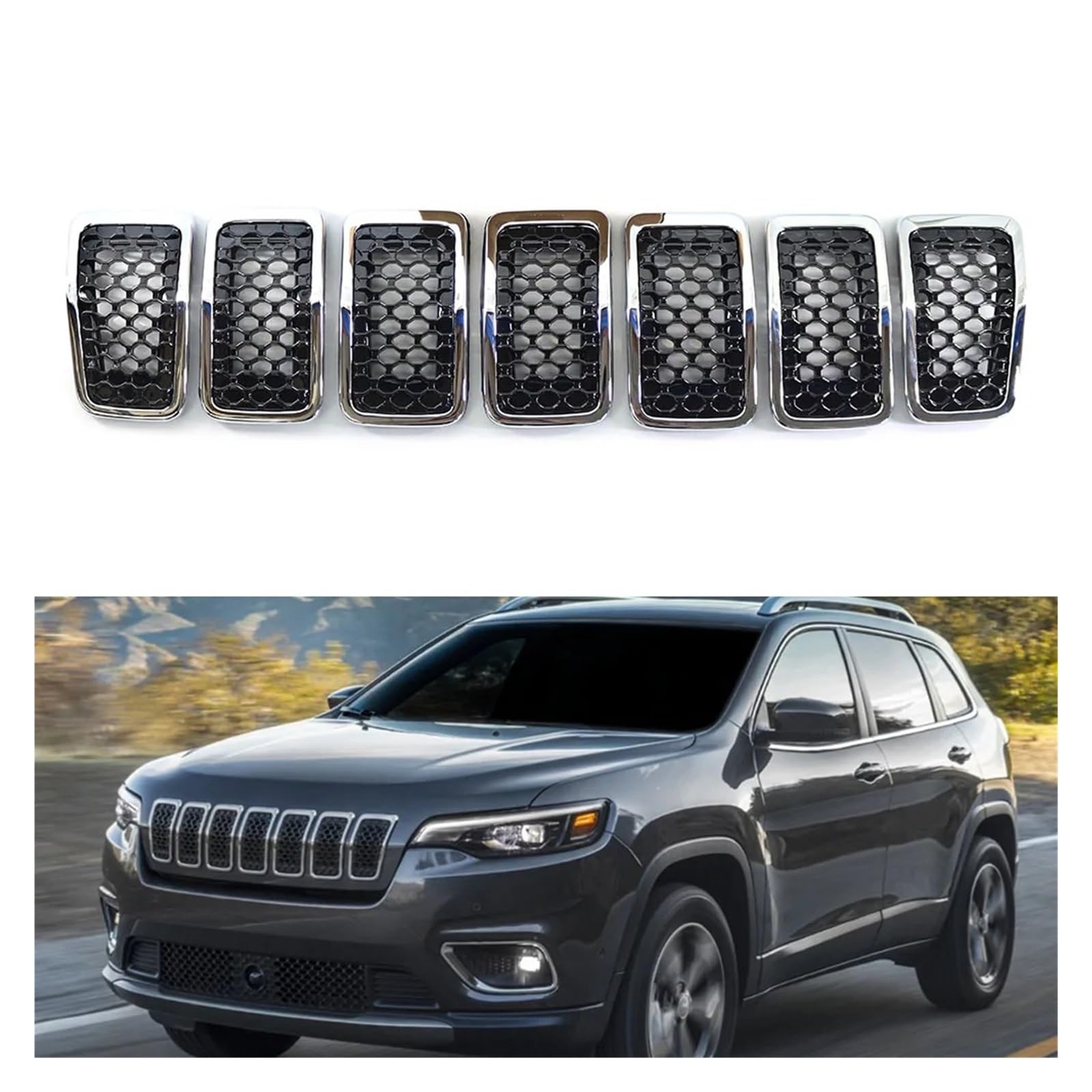 Grill 7Pcs Glänzend Schwarz/Chrom Auto Vorderen Stoßfänger Niere Mesh Grille Zubehör Für Jeep Für Cherokee 2019 2020 2021 2022 Nieren Kühlergrill(Chrome Black) von HYQHYX