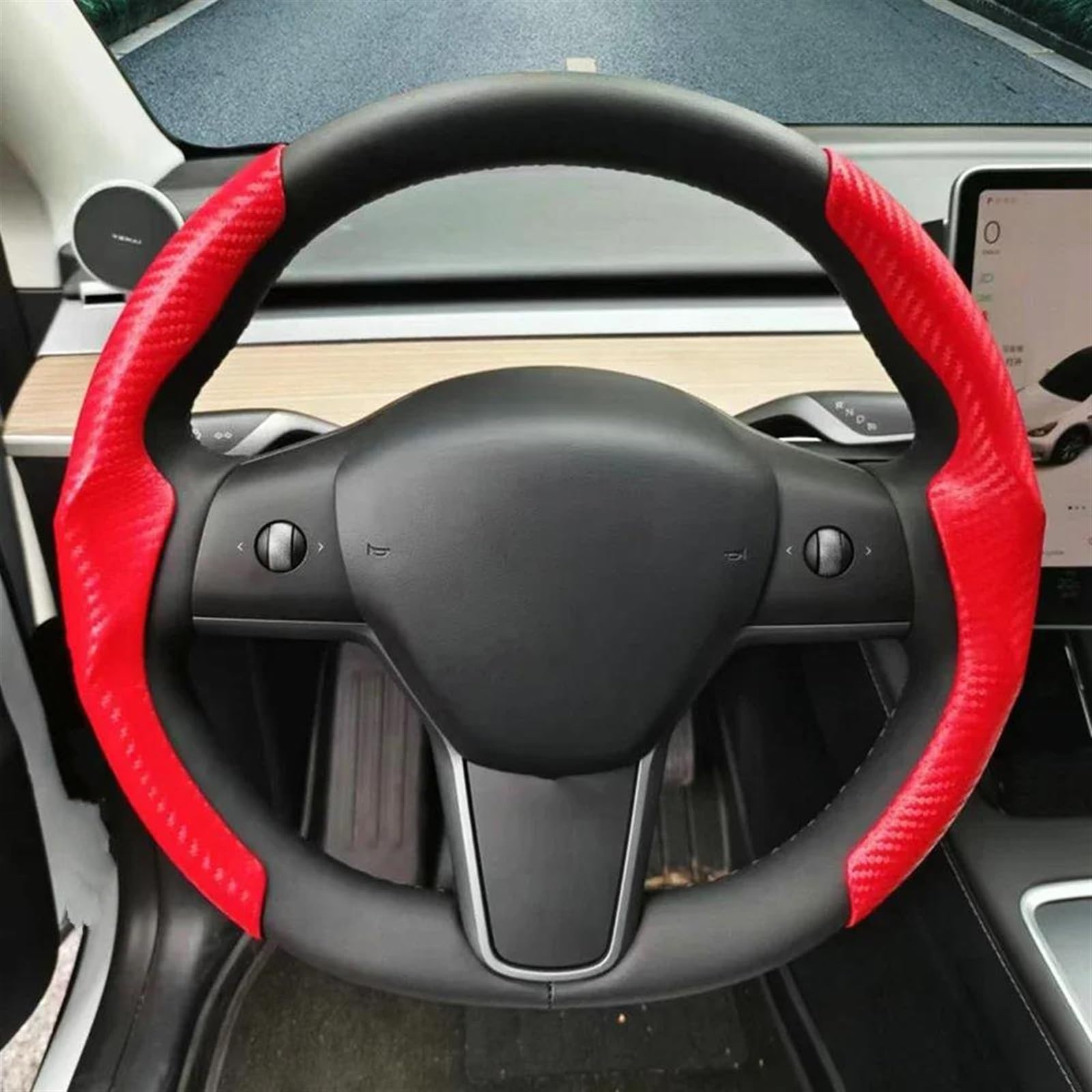 Interieurleisten Trim Für Tesla Lenkrad Abdeckung Für Modell 3/ Für Y Wildleder Carbon Faser Schweiß Absorbieren Spezielle Lenkrad Auto Zubehör Auto Styling Zierleisten(Carbon Fiber Red) von HYQHYX